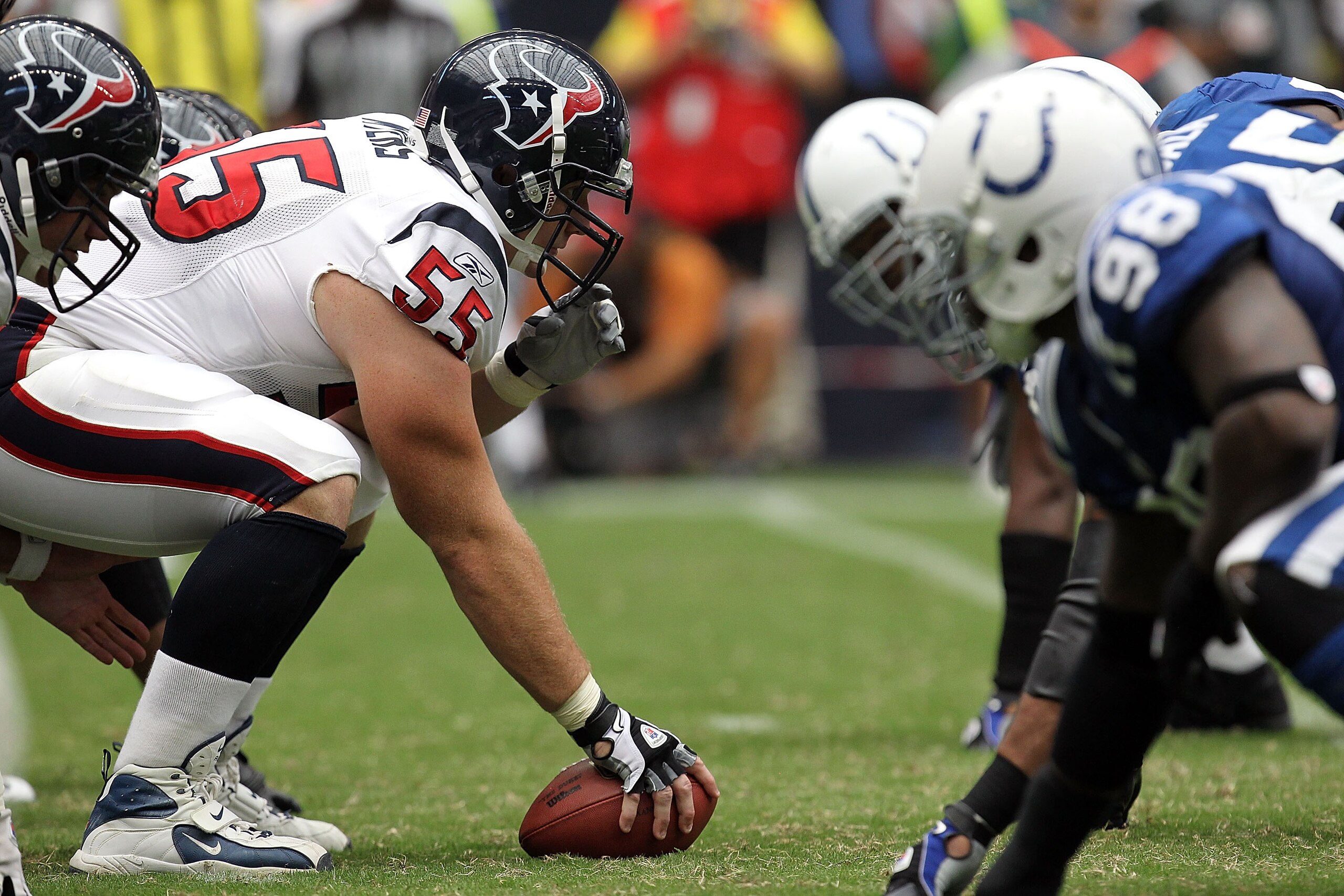 HOUSTON - SEPTEMBER 12:  Center Chris Myers #55 of the Houston Texans prepares to snap the ball against the Indianapolis Colts in the NFL season opener at Reliant Stadium on September 12, 2010 in Houston, Texas.  (Photo by Ronald Martinez/Getty Images)