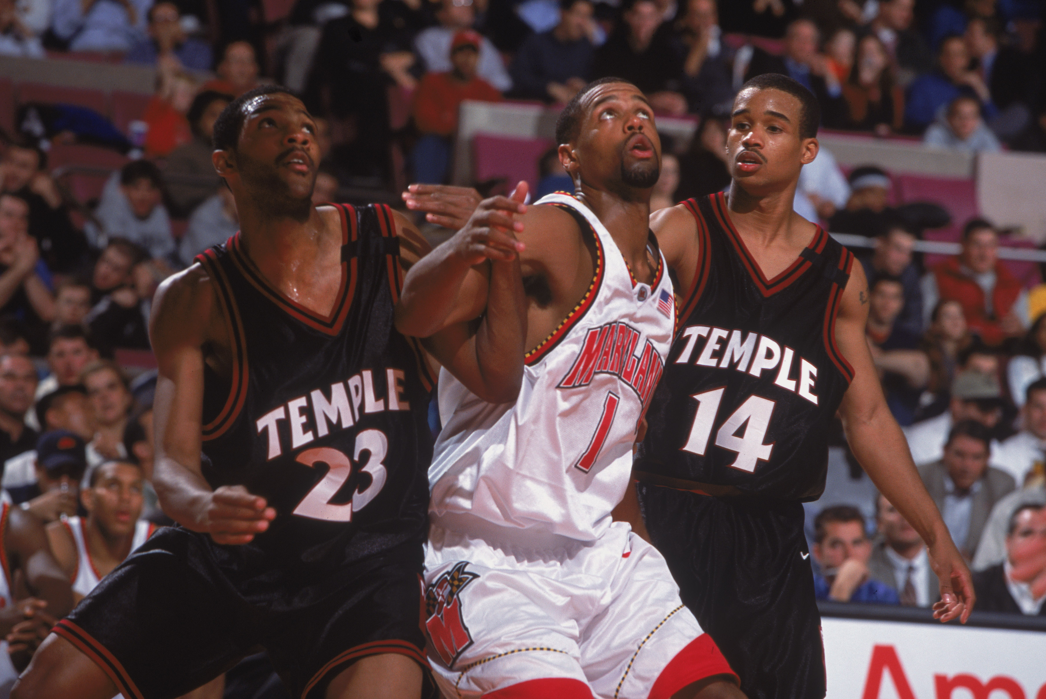 9 Nov 2001: Byron Mouton # of the Maryland Terrapins gets ready to move for the rebound with Alex Wesby #3 of the Temple Owls during the IKON Classic at Madison Square Garden in New York, New York. The Terrapins defeated the Owls 82-74.Mandatory Credit: