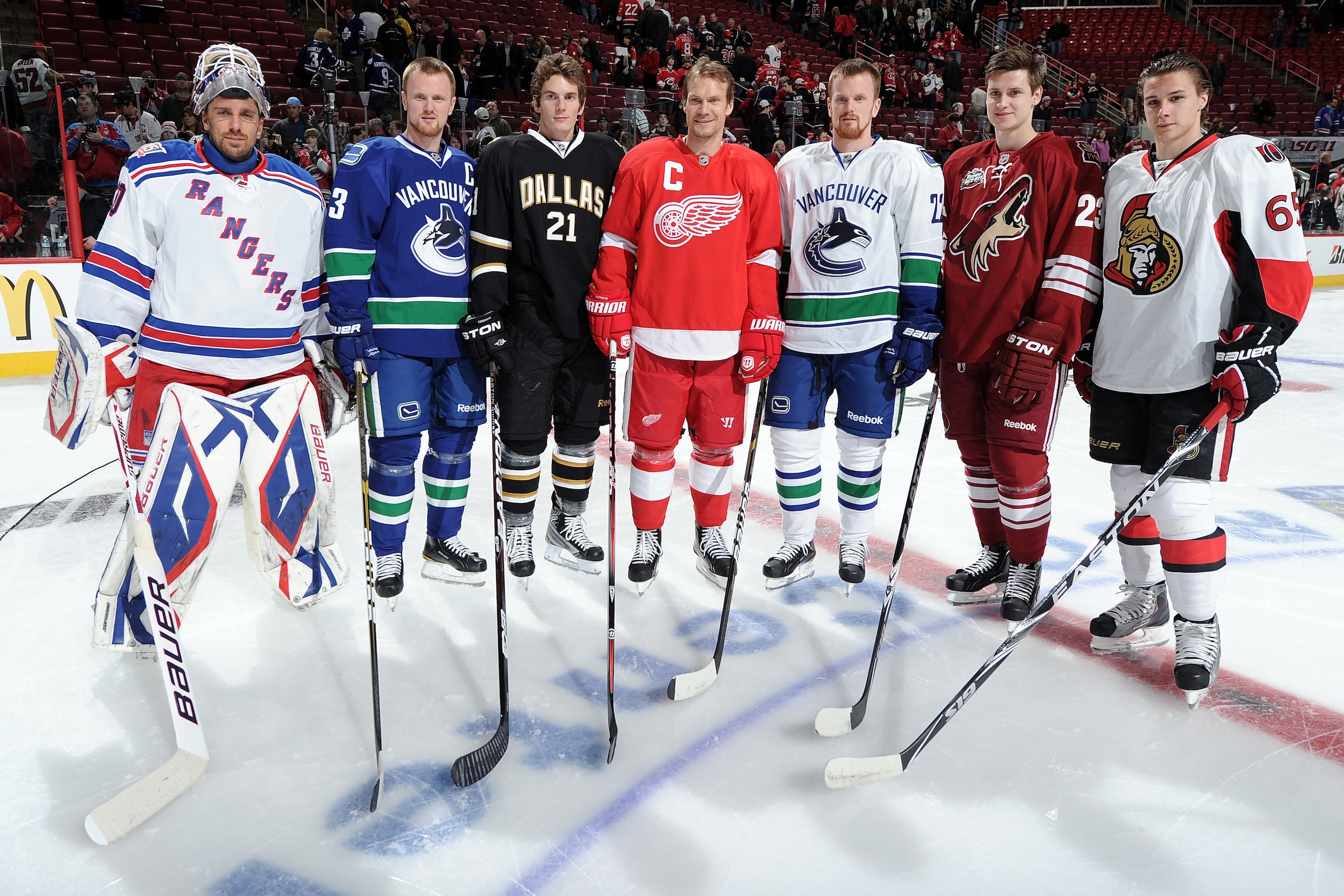 RALEIGH, NC - JANUARY 29: (L-R) Henrik Lundqvist #30 of New York Rangers, Henrik Sedin #33 of the Vancouver Canucks, Loui Eriksson #21 of the Dallas Stars, Nicklas Lidstrom #5 of the Detroit Red Wings, Daniel Sedin #22 of the Vancouver Canucks, Oliver Ek RALEIGH, NC - JANUARY 29: (L-R) Henrik Lundqvist #30 of New York Rangers, Henrik Sedin #33 of the Vancouver Canucks, Loui Eriksson #21 of the Dallas Stars, Nicklas Lidstrom #5 of the Detroit Red Wings, Daniel Sedin #22 of the Vancouver Canucks, Oliver Ek