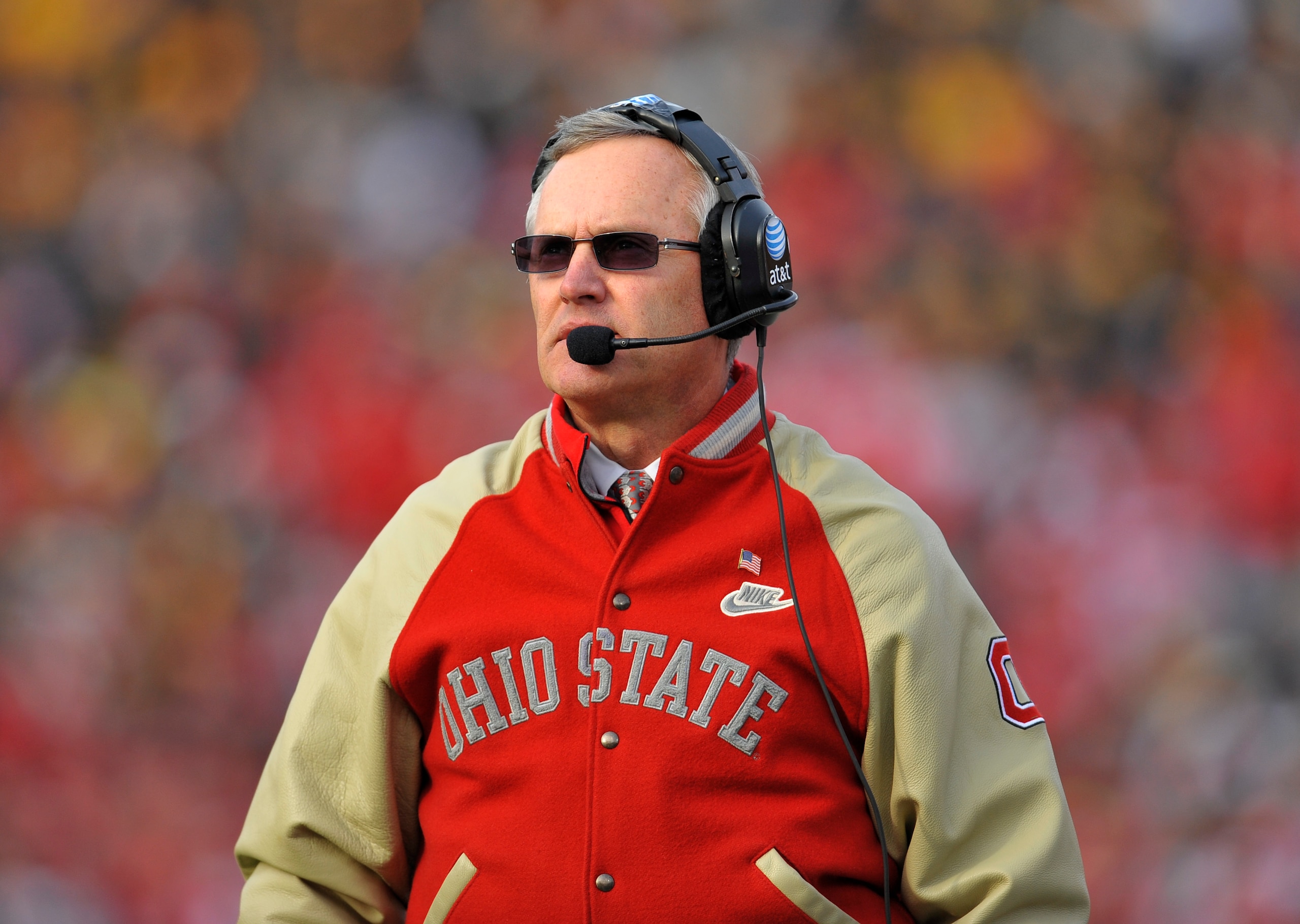 IOWA CITY, IA - NOVEMBER 20: Ohio State Buckeyes head coach Jim Tressel looks on from the sidelines during first half action against the University of Iowa Hawkeyes at Kinnick Stadium on November 20, 2010 in Iowa City, Iowa. Ohio State won 20-17 over Iow IOWA CITY, IA - NOVEMBER 20: Ohio State Buckeyes head coach Jim Tressel looks on from the sidelines during first half action against the University of Iowa Hawkeyes at Kinnick Stadium on November 20, 2010 in Iowa City, Iowa. Ohio State won 20-17 over Iow