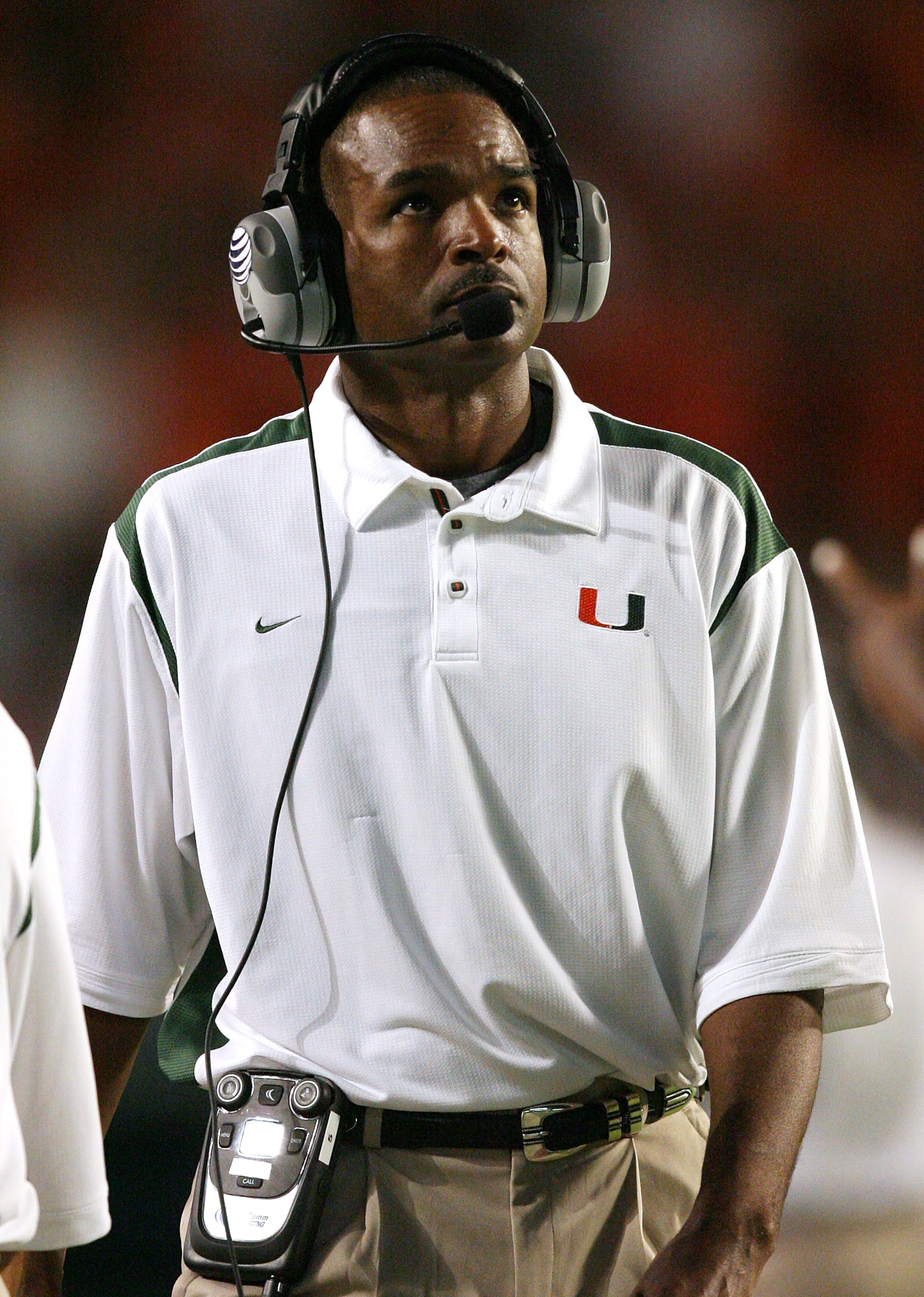MIAMI - NOVEMBER 13: Head coach Randy Shannon of the Miami Hurricanes looks up toward the scoreboard while taking on the Virginia Tech Hokies at Dolphin Stadium on November 13, 2008 in Miami, Florida. Miami defeated Virginia Tech 16-14. (Photo by Doug B MIAMI - NOVEMBER 13: Head coach Randy Shannon of the Miami Hurricanes looks up toward the scoreboard while taking on the Virginia Tech Hokies at Dolphin Stadium on November 13, 2008 in Miami, Florida. Miami defeated Virginia Tech 16-14. (Photo by Doug B