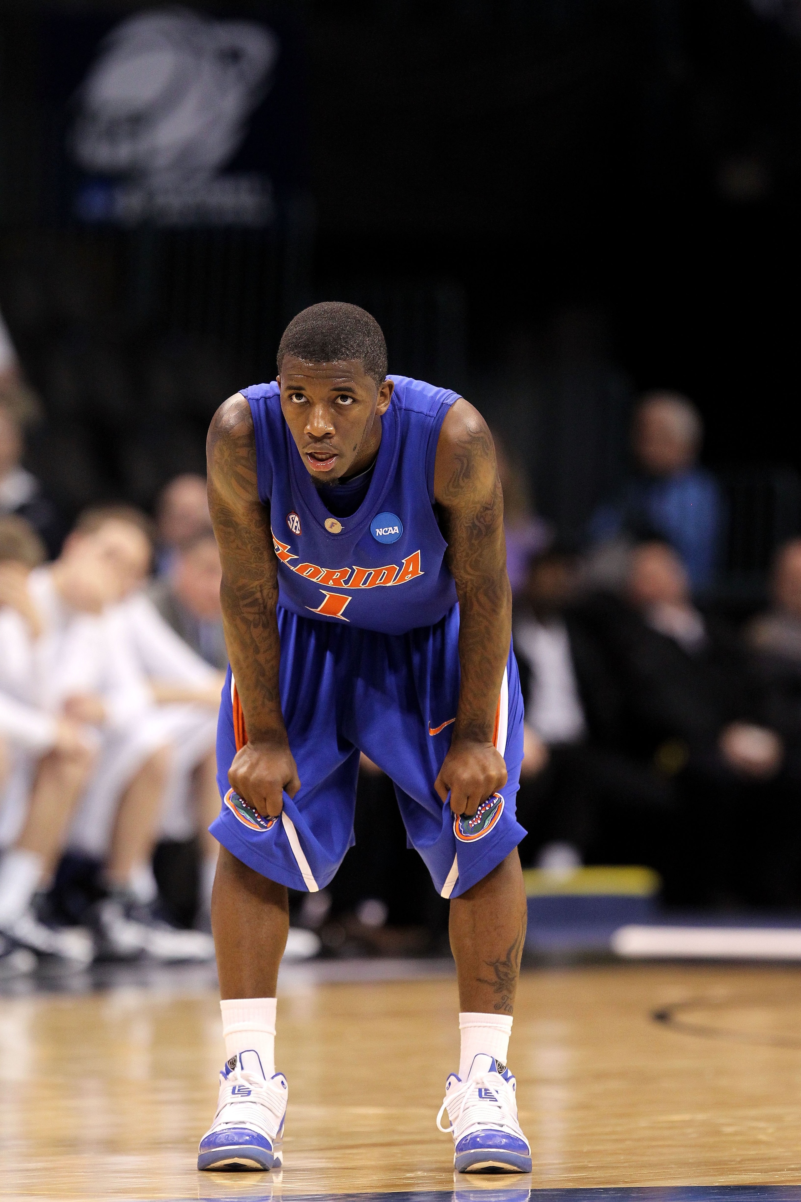 OKLAHOMA CITY - MARCH 18:  Kenny Boynton #1 of  the Florida Gators looks on against the BYU Cougars during the first round of the 2010 NCAA menï¿½s basketball tournament at Ford Center on March 18, 2010 in Oklahoma City, Oklahoma.  (Photo by Ronald Martinez