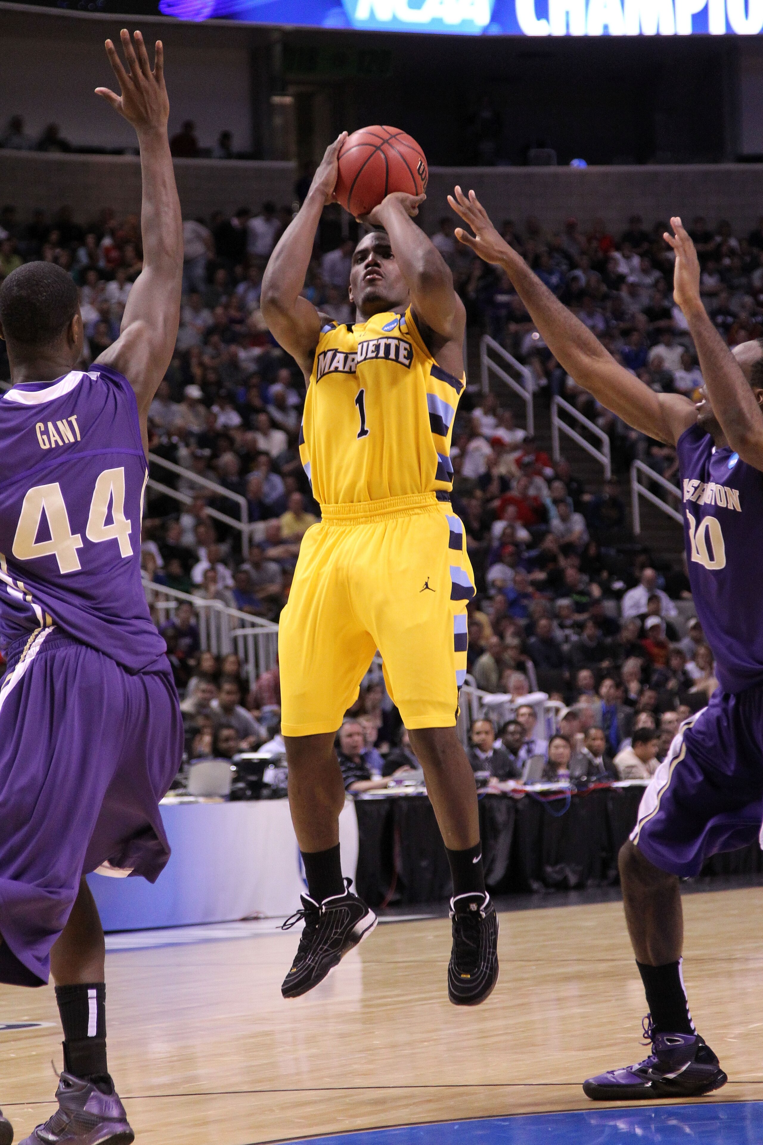 SAN JOSE, CA - MARCH 18:  Guard Darius Johnson-Odom #1 of the Marquette Golden Eagles takes a shot against the Washington Huskies during the first round of the 2010 NCAA men's basketball tournament at HP Pavilion on March 18, 2010 in San Jose, California.