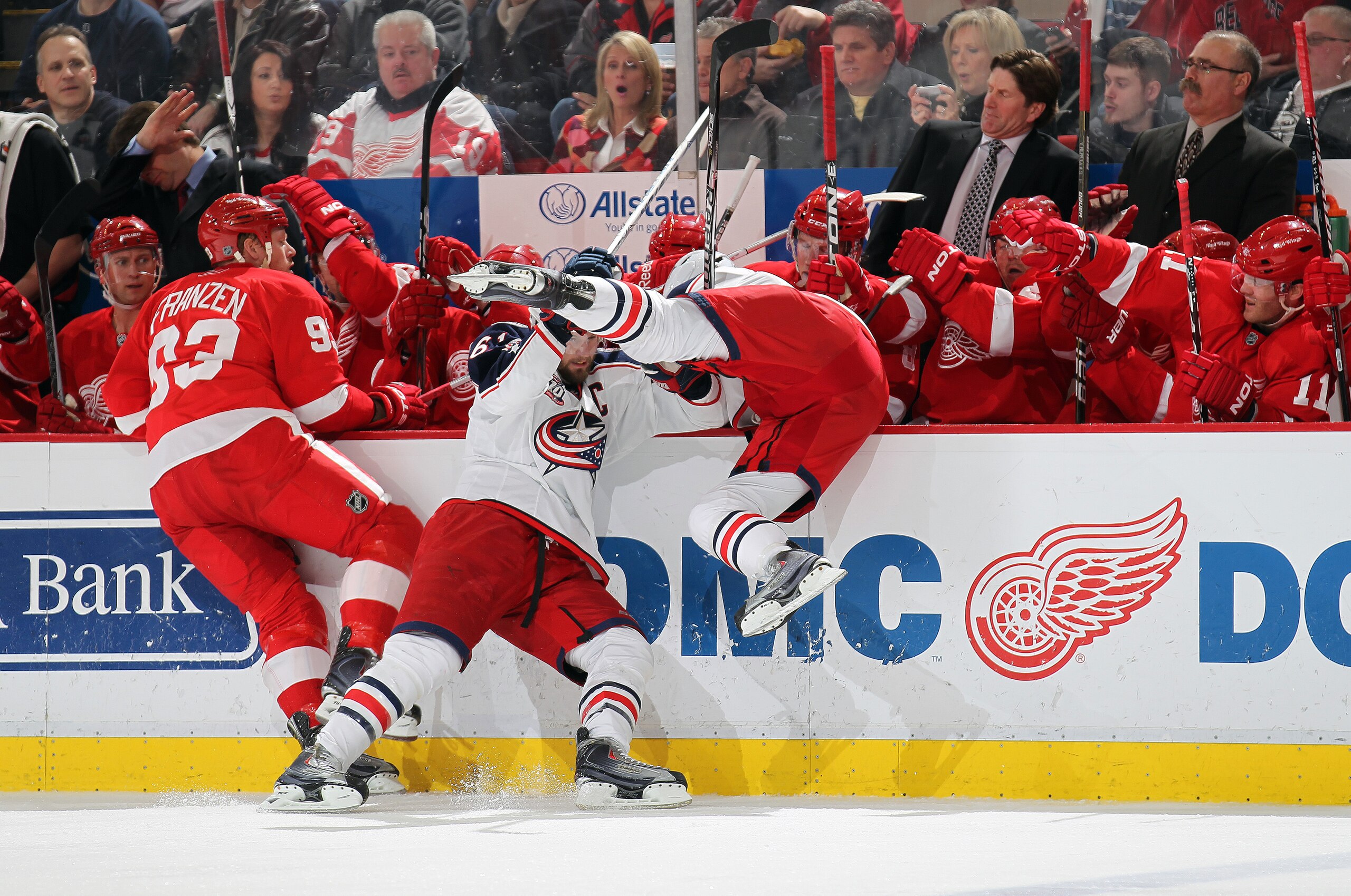 DETROIT, MI - FEBRUARY 4: Marc Methot #3 and Rick Nash #61 of the Columbus Blue Jackets take each other out trying to hit Johan Franzen #93 of the Detroit Red Wings in a game on February 4, 2011 at the Joe Louis Arena in Detroit, Michigan. The Blue Jacke DETROIT, MI - FEBRUARY 4: Marc Methot #3 and Rick Nash #61 of the Columbus Blue Jackets take each other out trying to hit Johan Franzen #93 of the Detroit Red Wings in a game on February 4, 2011 at the Joe Louis Arena in Detroit, Michigan. The Blue Jacke
