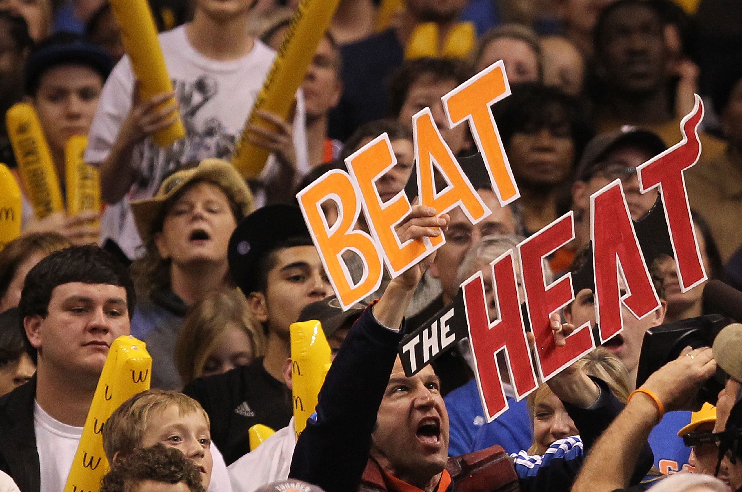 OKLAHOMA CITY, OK - JANUARY 30:  A fan holds up a 'Beat The Heat' sign during a game between the Oklahoma City Thunder and Miami Heat at Ford Center on January 30, 2011 in Oklahoma City, Oklahoma.  NOTE TO USER: User expressly acknowledges and agrees that