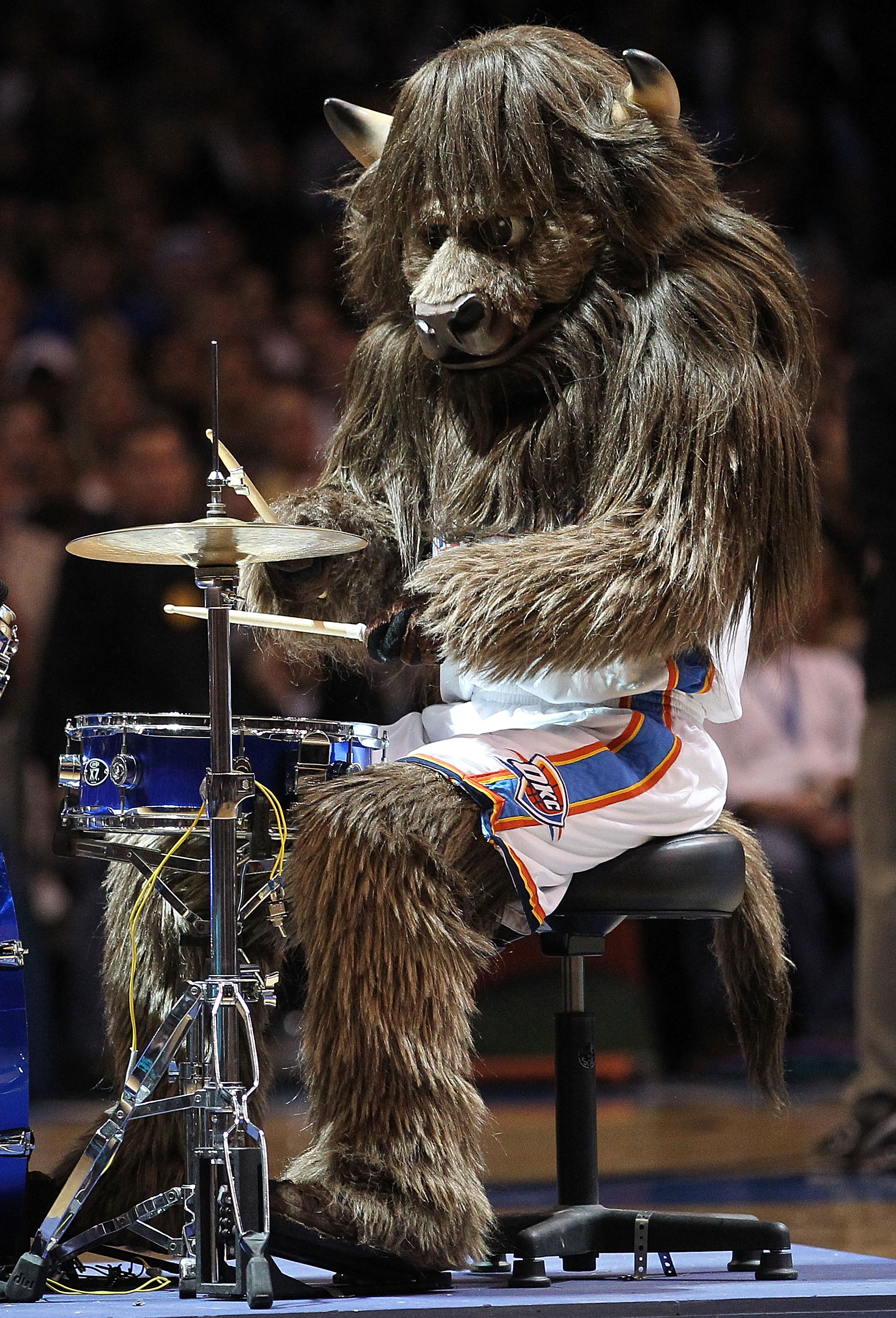 OKLAHOMA CITY, OK - JANUARY 30:  The Oklahoma City Thunder mascot, Rumble plays the drums at Ford Center on January 30, 2011 in Oklahoma City, Oklahoma.  NOTE TO USER: User expressly acknowledges and agrees that, by downloading and or using this photograp