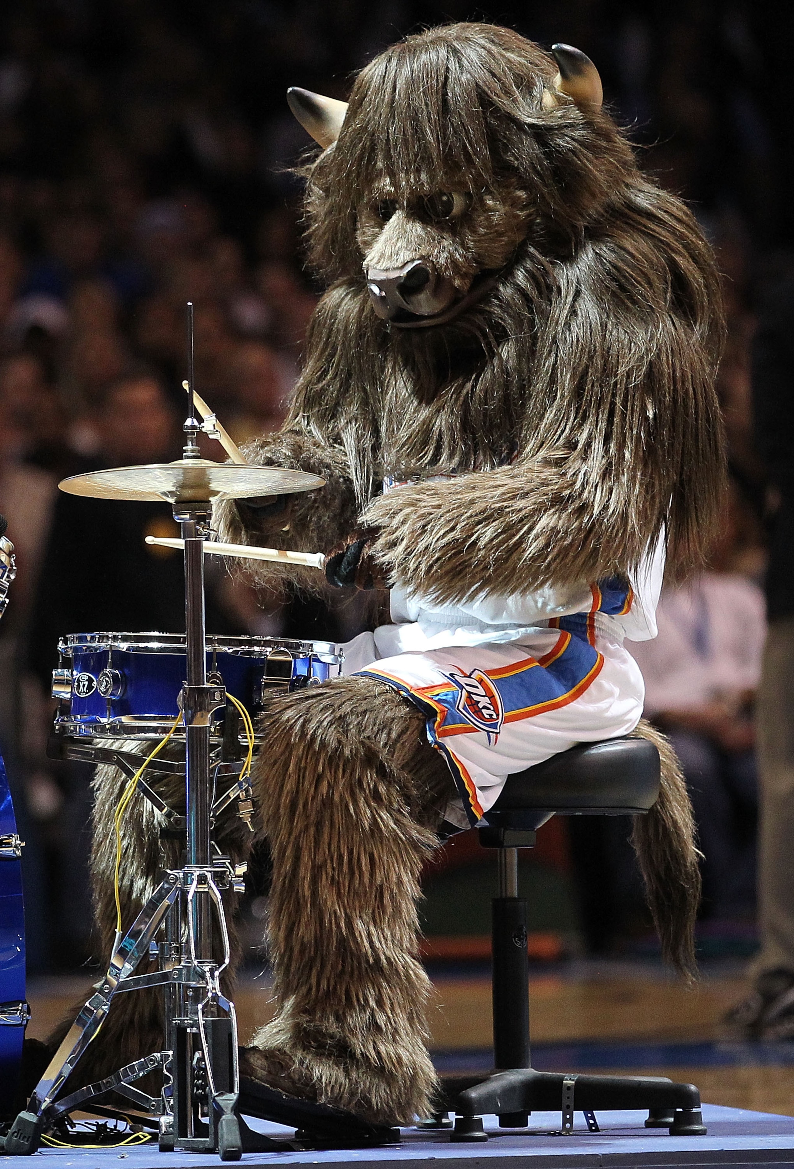OKLAHOMA CITY, OK - JANUARY 30:  The Oklahoma City Thunder mascot, Rumble plays the drums at Ford Center on January 30, 2011 in Oklahoma City, Oklahoma.  NOTE TO USER: User expressly acknowledges and agrees that, by downloading and or using this photograp