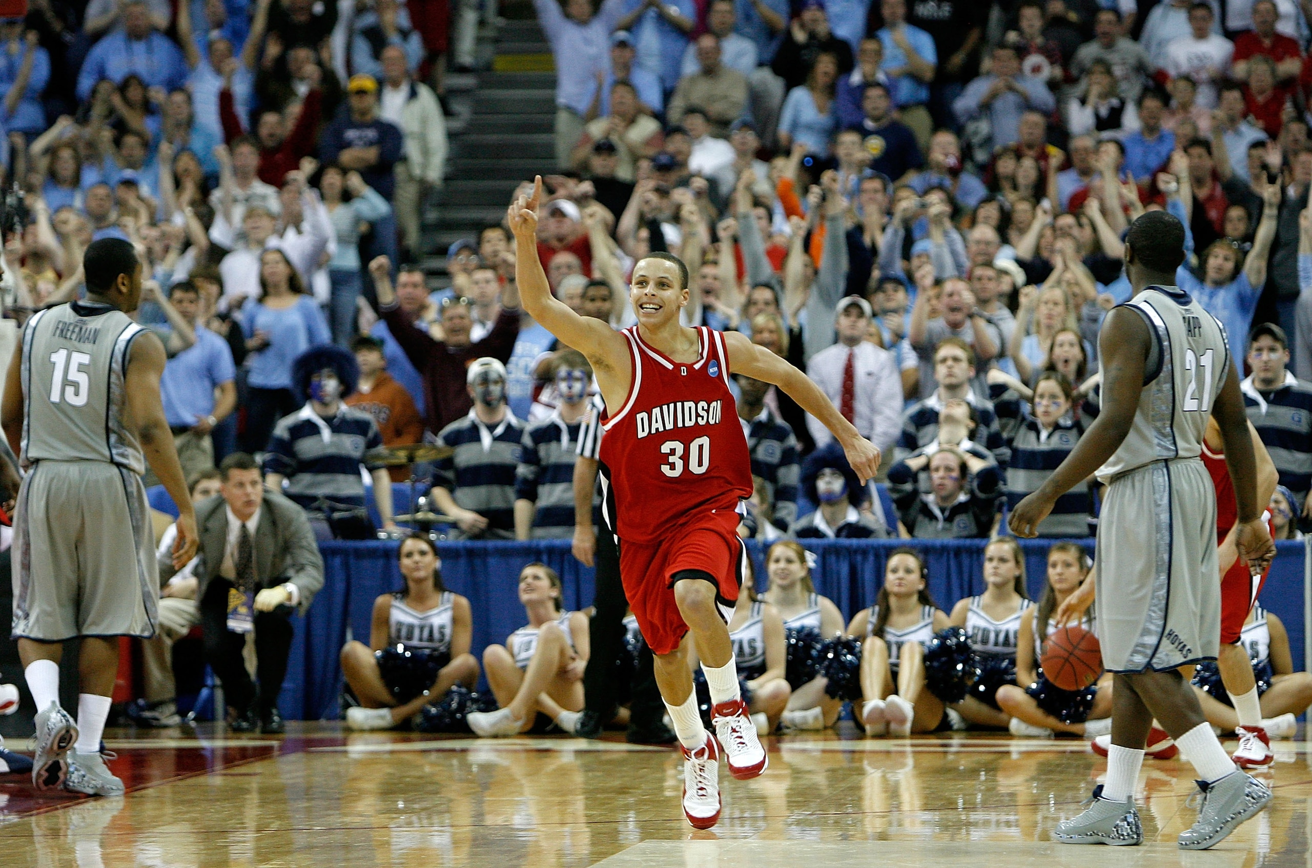 RALEIGH, NC - MARCH 23: Stephen Curry #30 of the Davidson Wildcats celebrates after a victory over the Georgetown Hoyas during the second round of the 2008 NCAA Men's Basketball Tournament Midwest Regionals on March 23, 2008 at RBC Center in Raleigh, Nor RALEIGH, NC - MARCH 23: Stephen Curry #30 of the Davidson Wildcats celebrates after a victory over the Georgetown Hoyas during the second round of the 2008 NCAA Men's Basketball Tournament Midwest Regionals on March 23, 2008 at RBC Center in Raleigh, Nor
