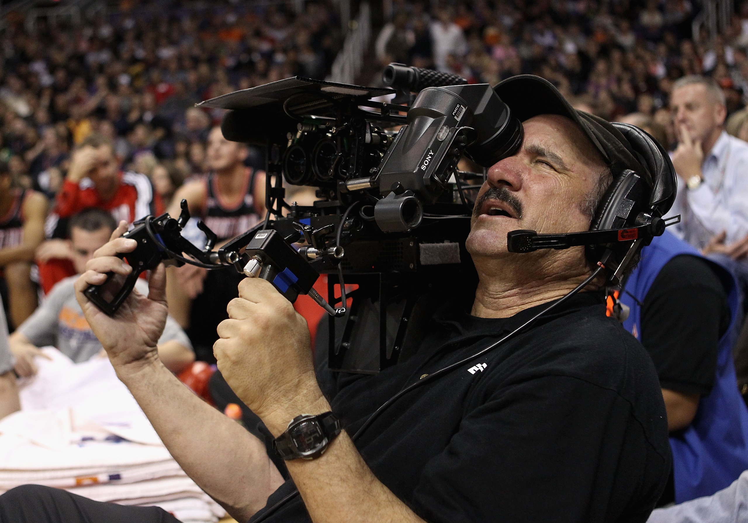 PHOENIX, AZ - JANUARY 14:  ESPN 3D camerman at work during the NBA game between the Portland Trail Blazers and the Phoenix Suns at US Airways Center on January 14, 2011 in Phoenix, Arizona.  NOTE TO USER: User expressly acknowledges and agrees that, by do