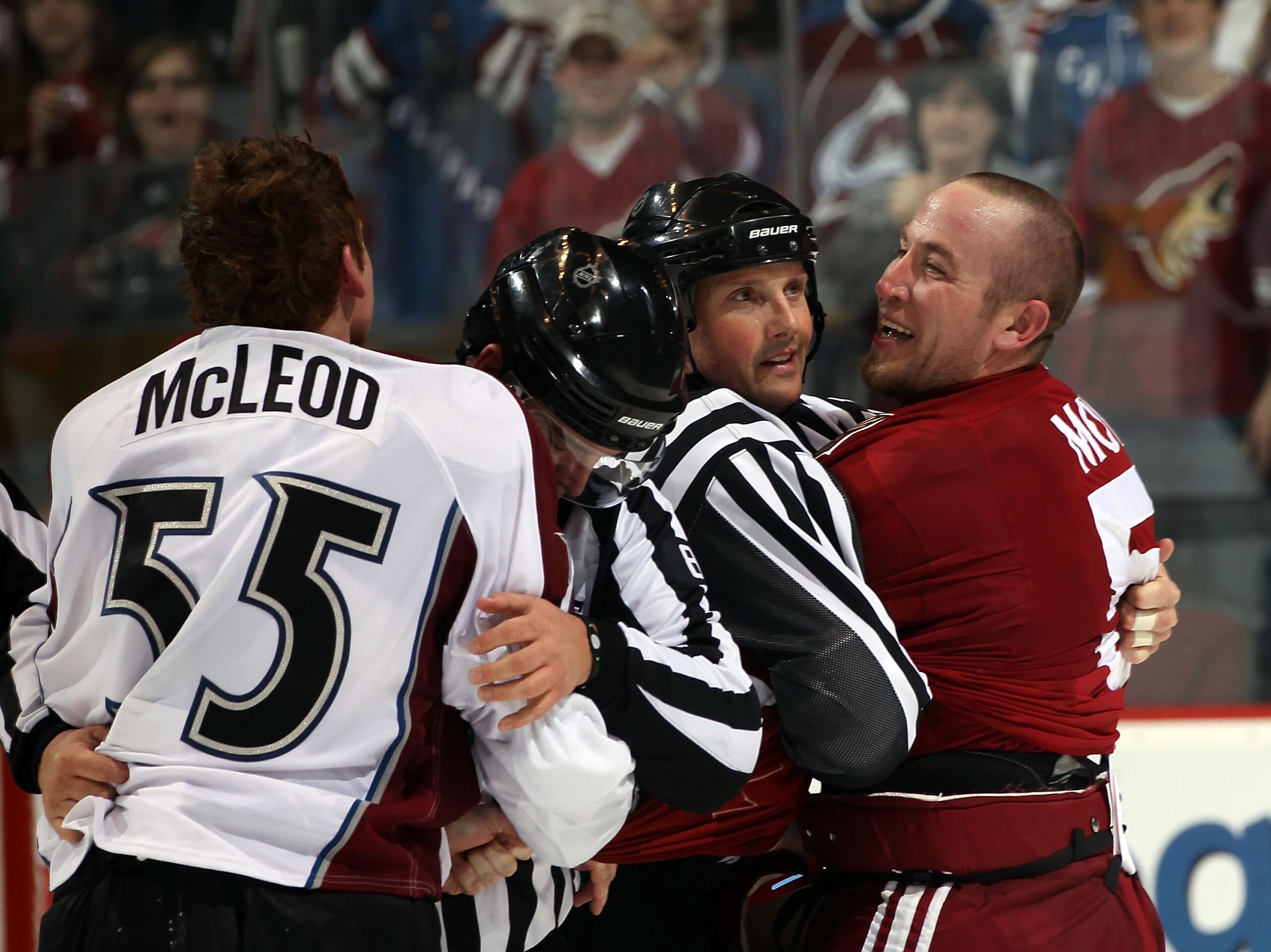 GLENDALE, AZ - FEBRUARY 07: Derek Morris #53 of the Phoenix Coyotes argues with Cody McLeod #55 of the Colorado Avalanche at the Jobing.com Arena on February 7, 2011 in Glendale, Arizona. (Photo by Bruce Bennett/Getty Images) GLENDALE, AZ - FEBRUARY 07: Derek Morris #53 of the Phoenix Coyotes argues with Cody McLeod #55 of the Colorado Avalanche at the Jobing.com Arena on February 7, 2011 in Glendale, Arizona. (Photo by Bruce Bennett/Getty Images)