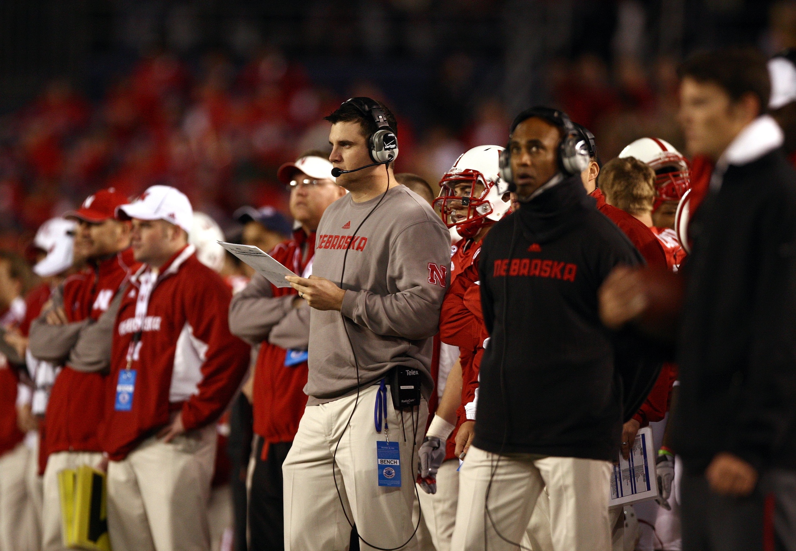 SAN DIEGO - DECEMBER 30:  Assistant Coach Tim Beck of the University of Nebraska Cornhuskers looks on from the sideline during the Pacific Life Holiday Bowl against University of Arizona Wildcats on December 30, 2009 at Qualcomm Stadium in San Diego, Cali