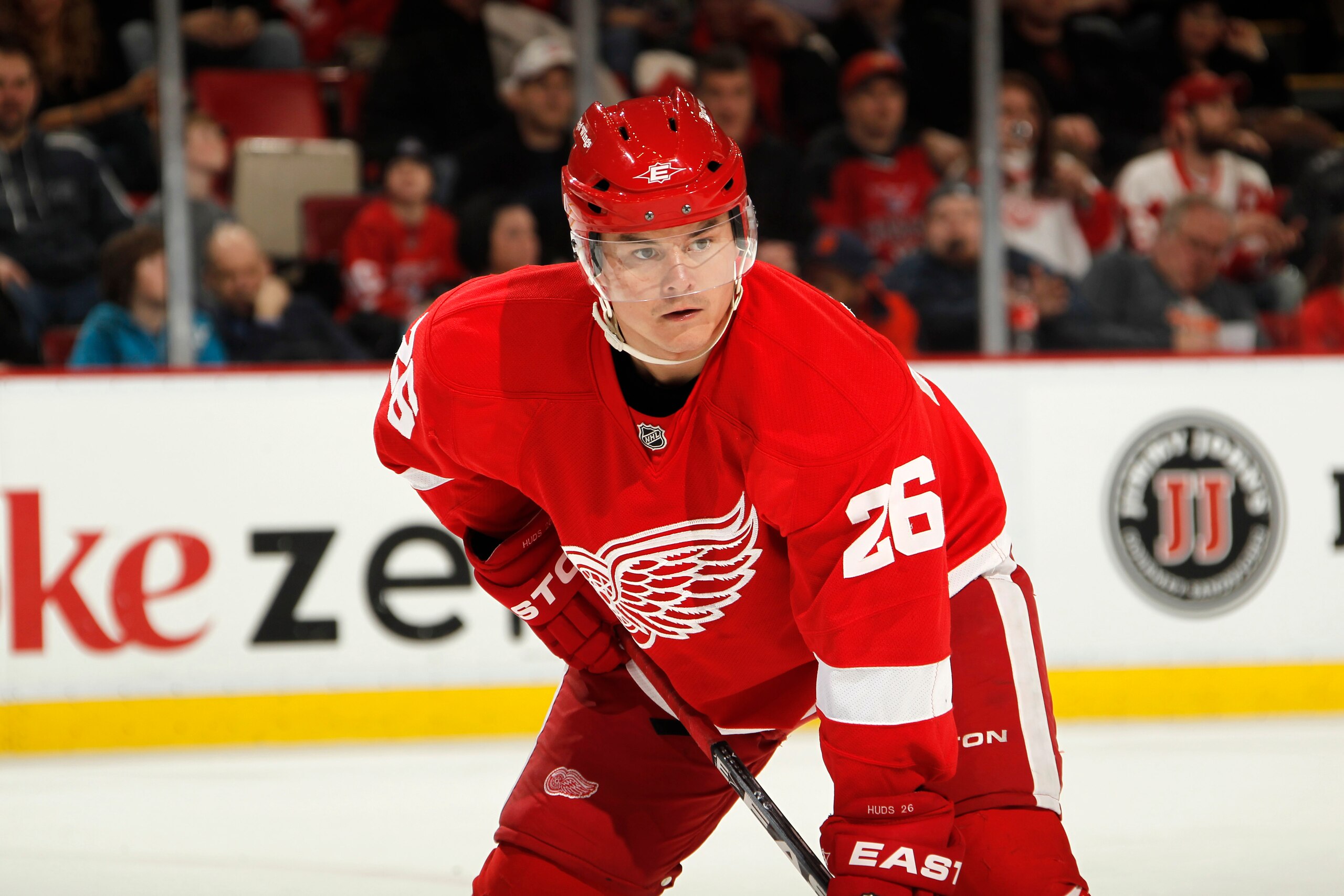 DETROIT, MI - FEBRUARY 24:  Jiri Hudler #26 of the Detroit Red Wings looks on the Dallas Stars on February 24, 2011 at Joe Louis Arena in Detroit, Michigan.  (Photo by Gregory Shamus/Getty Images)