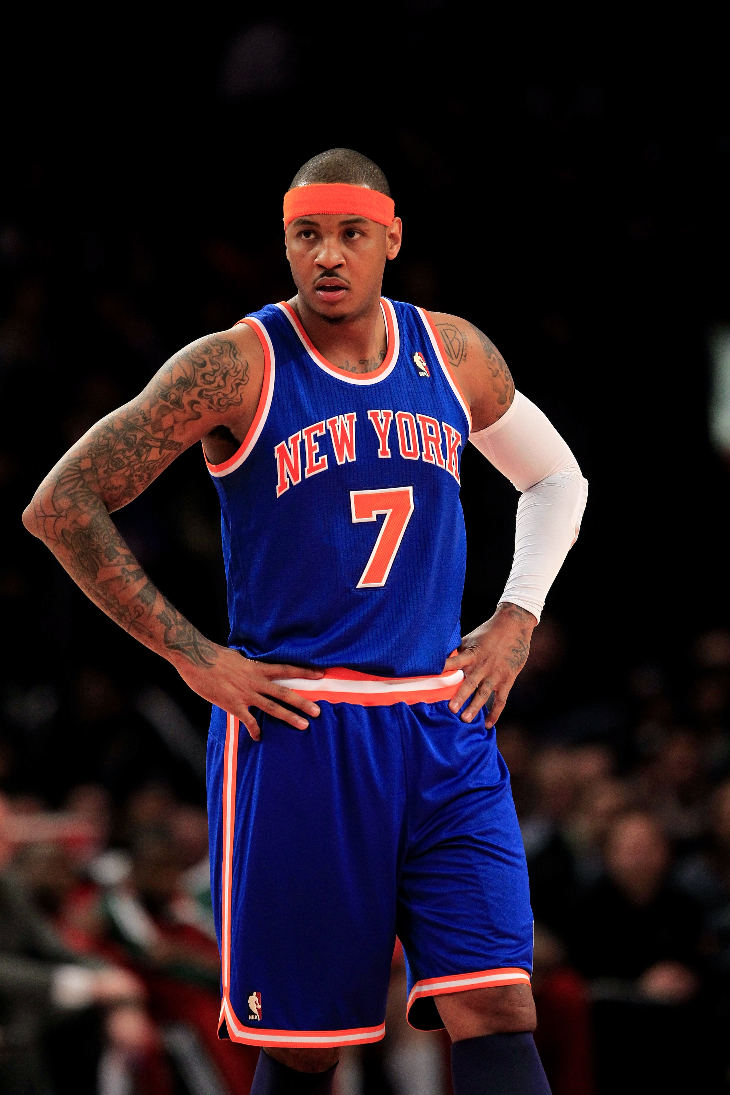 NEW YORK, NY - FEBRUARY 23:  Carmelo Anthony #7 of the New York Knicks on the court against the Milwaukee Bucks at Madison Square Garden on February 23, 2011 in New York City. NOTE TO USER: User expressly acknowledges and agrees that, by downloading and/o
