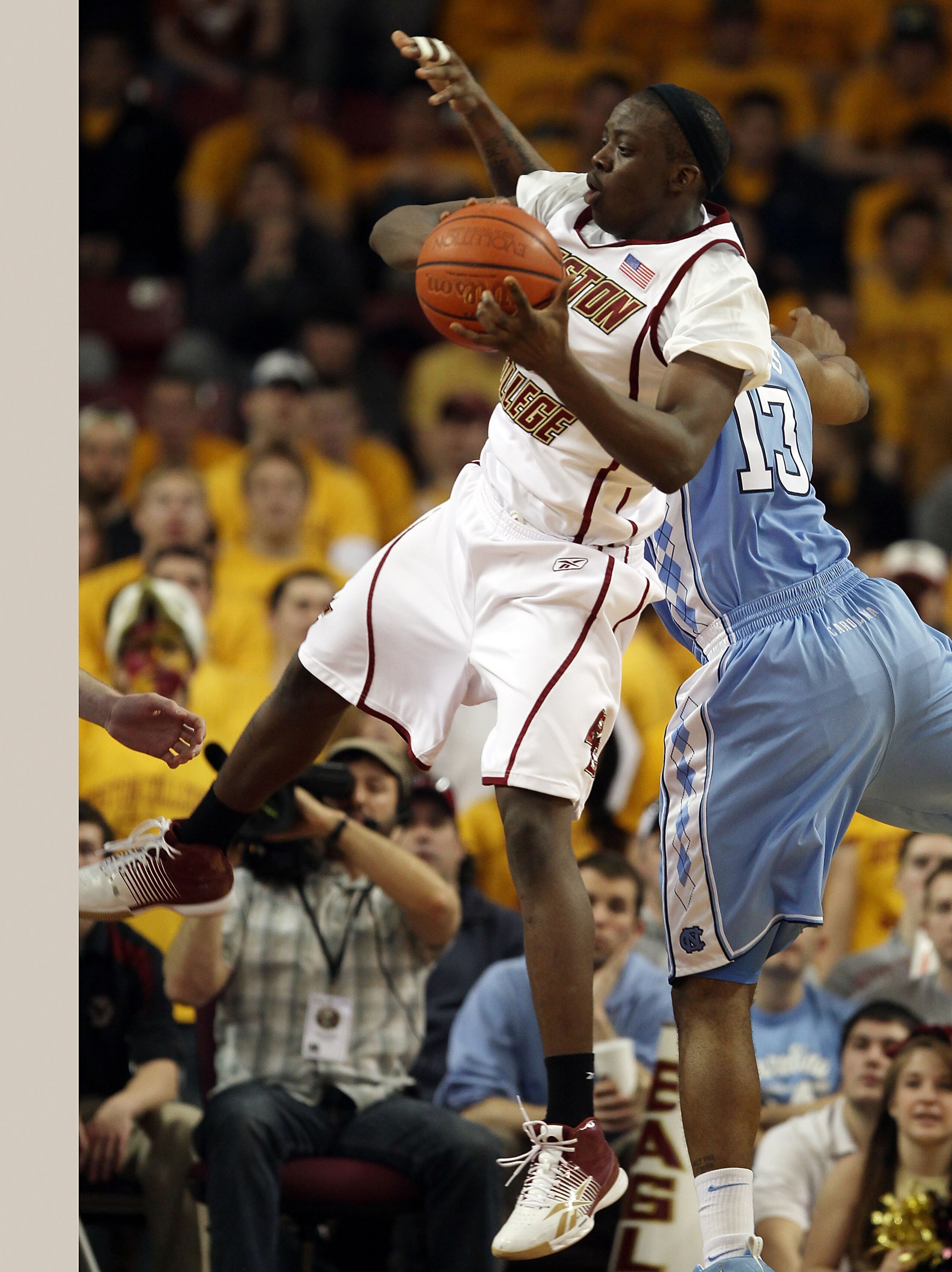 CHESTNUT HILL, MA - FEBRUARY 20:  Reggie Jackson #0 of the Boston College Eagles goes up for two as Will Graves #13  the North Carolina Tar Heels defends on February 20, 2010 at Conte Forum in Chestnut Hill, Massachusetts. The Eagles defeated the Tar Heel