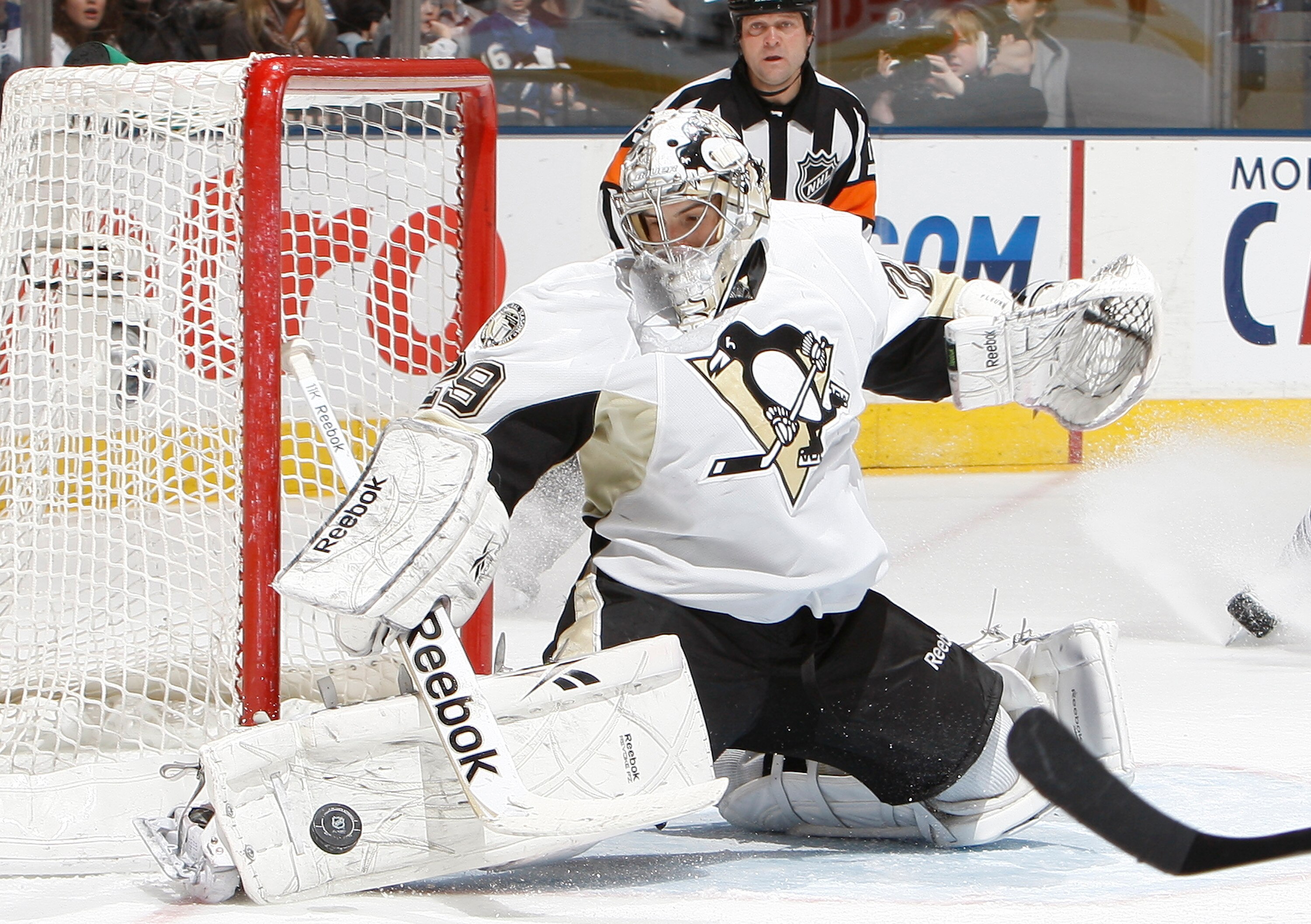 TORONTO, CANADA - FEBRUARY 26: Marc-Andre Fleury #29 of the Pittsburgh Penguins makes a save during the game against the Toronto Maple Leafs at the Air Canada Centre February 26, 2011 in Toronto, Ontario, Canada. (Photo by Abelimages/Getty Images)