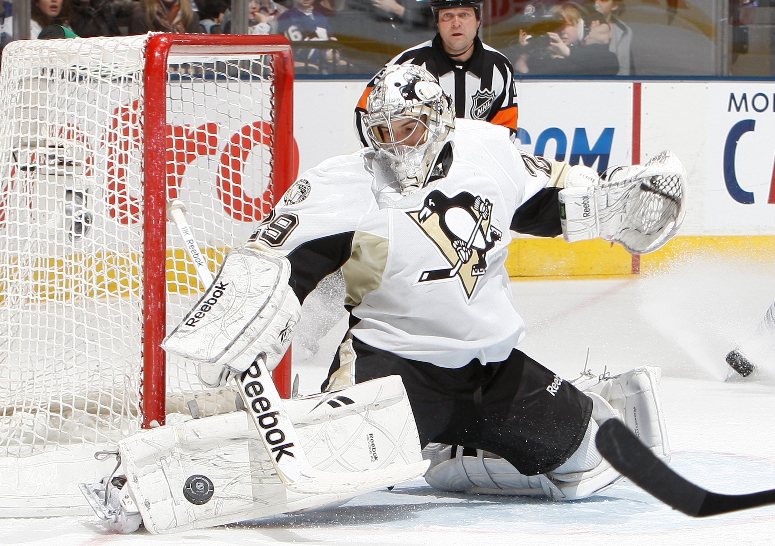 TORONTO, CANADA - FEBRUARY 26: Marc-Andre Fleury #29 of the Pittsburgh Penguins makes a save during the game against the Toronto Maple Leafs at the Air Canada Centre February 26, 2011 in Toronto, Ontario, Canada. (Photo by Abelimages/Getty Images)