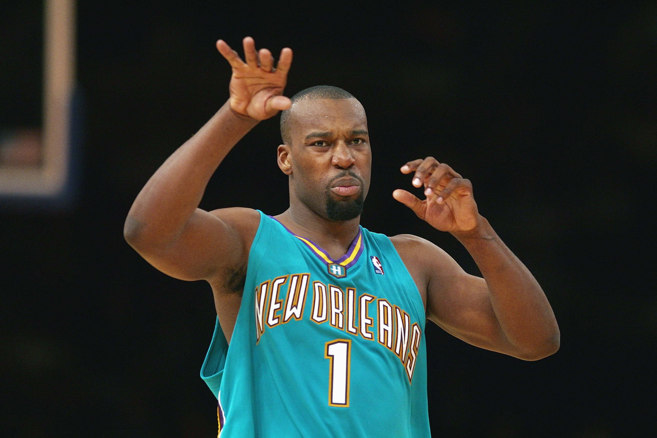 NEW YORK - JANUARY 11:  Baron Davis #1 of the New Orleans Hornets looks on during the game against the New York Knicks on January 11, 2005 at Madison Square Garden in New York City. (Photo by Ezra Shaw/Getty Images)