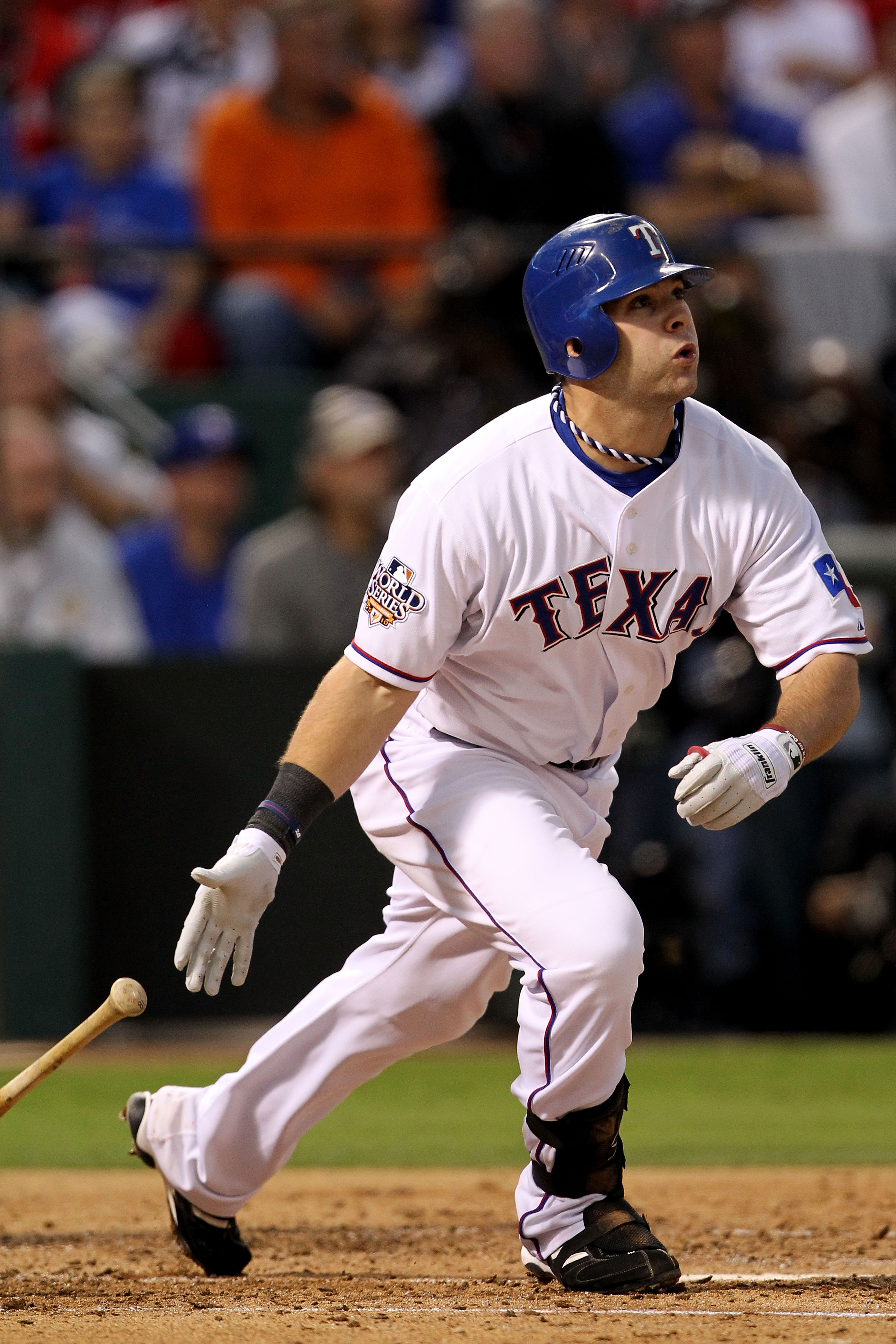 ARLINGTON, TX - OCTOBER 30:  Mitch Moreland #18 of the Texas Rangers hits a 3-run home run in the bottom of the second inning against the San Francisco Giants in Game Three of the 2010 MLB World Series at Rangers Ballpark in Arlington on October 30, 2010