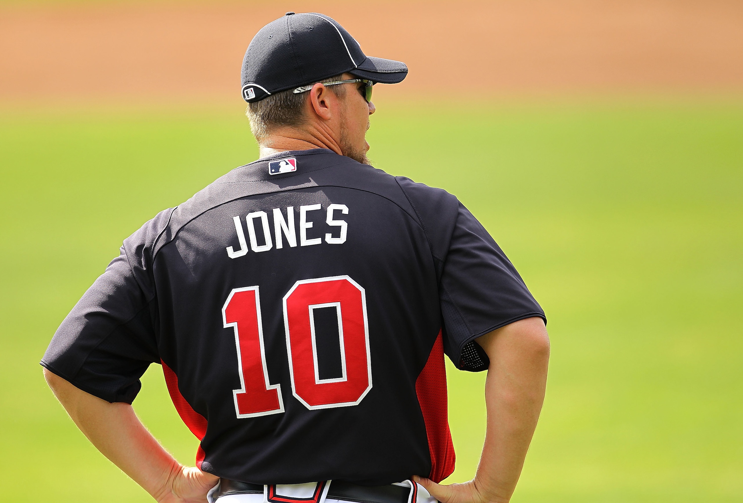 LAKE BUENA VISTA, FL - FEBRUARY 21:  Chipper Jones #10 of the Atlanta Braves stands on the field during a spring training workout at Champion Stadium on February 21, 2011 in Lake Buena Vista, Florida.  (Photo by Mike Ehrmann/Getty Images)
