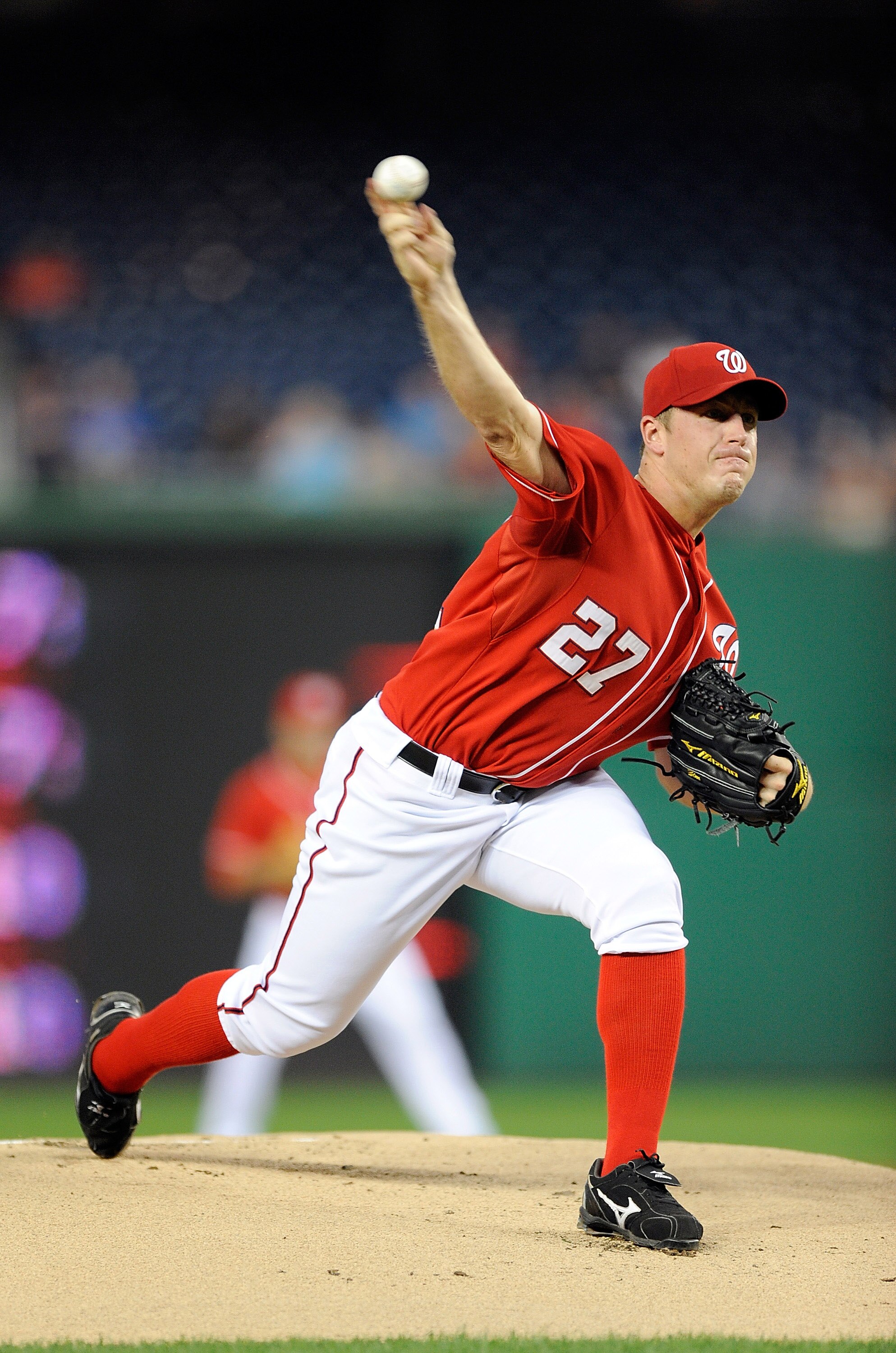 WASHINGTON - SEPTEMBER 24:  Jordan Zimmermann #27 of the Washington Nationals pitches against the Atlanta Braves at Nationals Park on September 24, 2010 in Washington, DC.  (Photo by Greg Fiume/Getty Images)