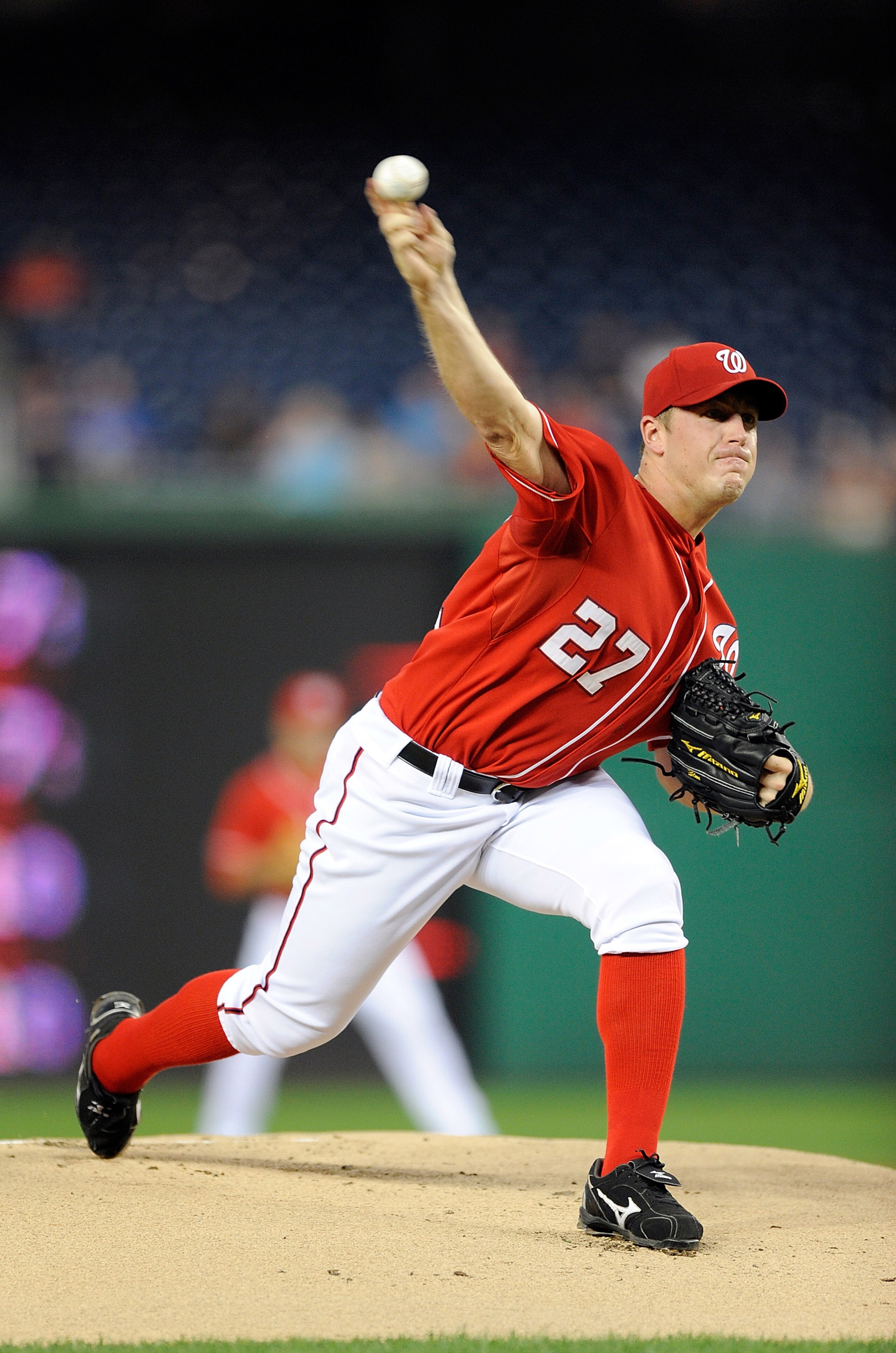 WASHINGTON - SEPTEMBER 24:  Jordan Zimmermann #27 of the Washington Nationals pitches against the Atlanta Braves at Nationals Park on September 24, 2010 in Washington, DC.  (Photo by Greg Fiume/Getty Images)