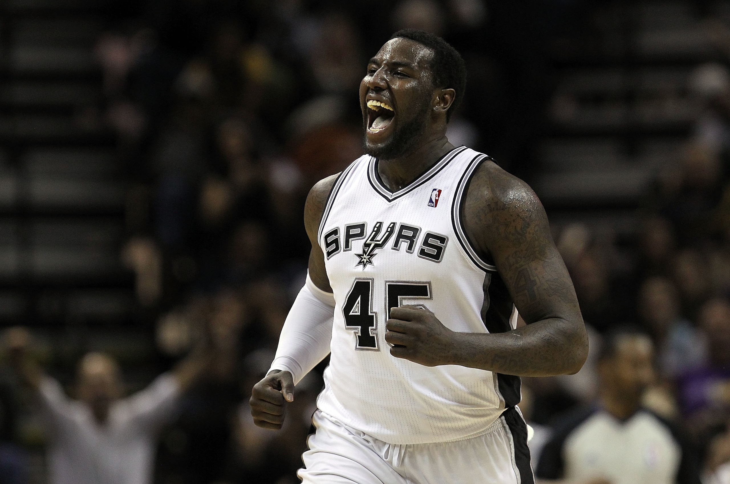 SAN ANTONIO, TX - DECEMBER 28:  Forward DeJuan Blair #45 of the San Antonio Spurs reacts during play against the Los Angeles Lakers at AT&T Center on December 28, 2010 in San Antonio, Texas.  NOTE TO USER: User expressly acknowledges and agrees that, by d