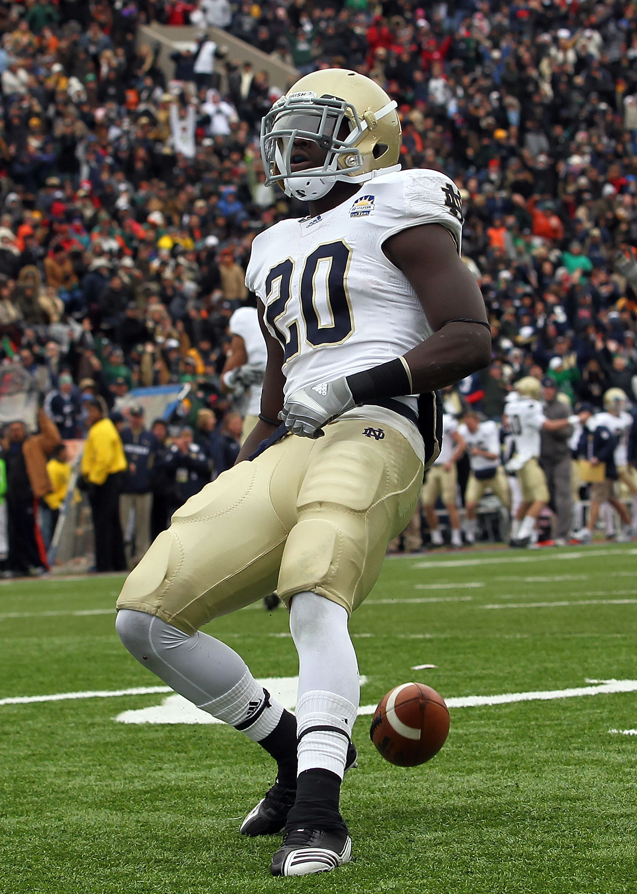 EL PASO, TX - DECEMBER 30: Running back Cierre Wood #20 of the Notre Dame Fighting Irish celebrates a touchdown against the Miami Hurricanes during the Hyundai Sun Bowl at Sun Bowl on December 30, 2010 in El Paso, Texas. (Photo by Ronald Martinez/Getty EL PASO, TX - DECEMBER 30: Running back Cierre Wood #20 of the Notre Dame Fighting Irish celebrates a touchdown against the Miami Hurricanes during the Hyundai Sun Bowl at Sun Bowl on December 30, 2010 in El Paso, Texas. (Photo by Ronald Martinez/Getty