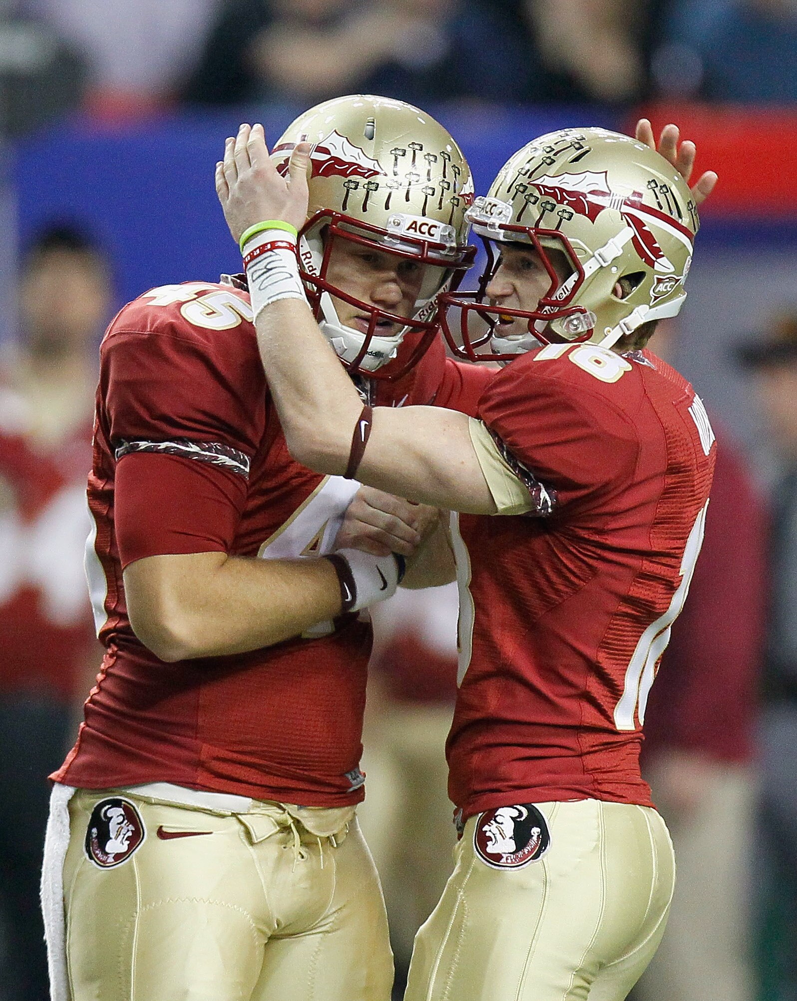 ATLANTA, GA - DECEMBER 31: Dustin Hopkins #18 of the Florida State Seminoles reacts after kicking a field goal against the South Carolina Gamecocks with Shawn Powell #45 during the 2010 Chick-fil-A Bowl at Georgia Dome on December 31, 2010 in Atlanta, Ge ATLANTA, GA - DECEMBER 31: Dustin Hopkins #18 of the Florida State Seminoles reacts after kicking a field goal against the South Carolina Gamecocks with Shawn Powell #45 during the 2010 Chick-fil-A Bowl at Georgia Dome on December 31, 2010 in Atlanta, Ge