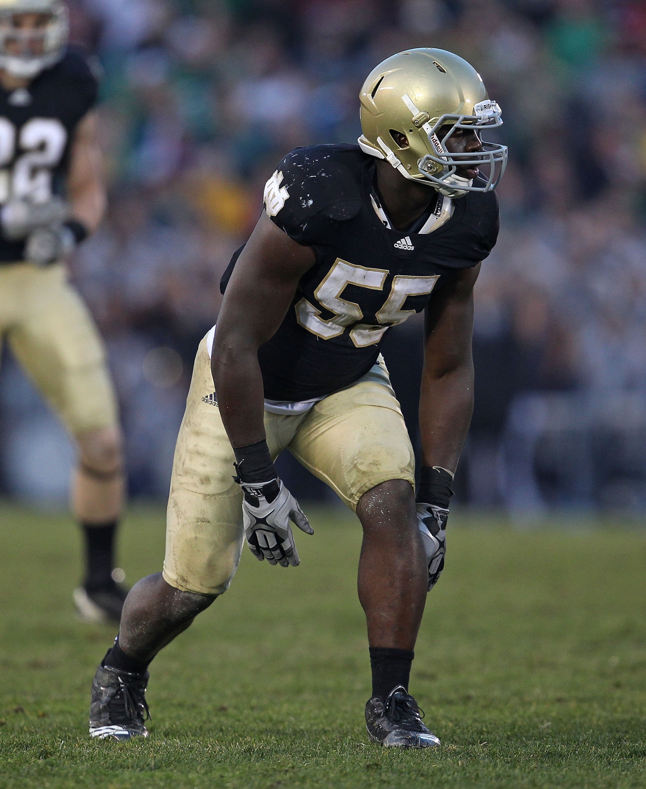 SOUTH BEND, IN - NOVEMBER 13: Prince Shembo #55 of the Notre Dame Fighting Irish awaits the start of play against the Utah Utes at Notre Dame Stadium on November 13, 2010 in South Bend, Indiana. Notre Dame defeated Utah 28-3. (Photo by Jonathan Daniel/Get