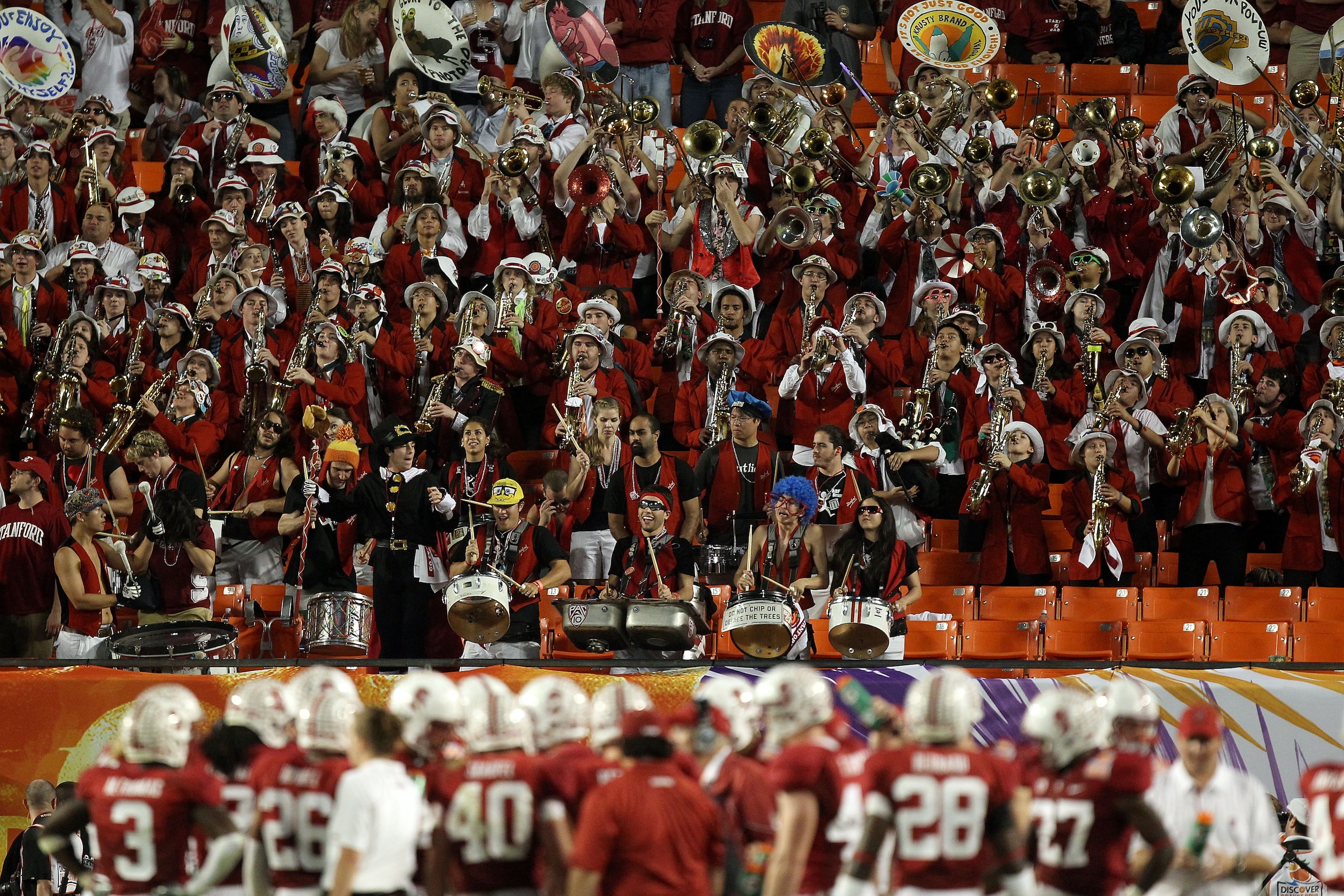 MIAMI, FL - JANUARY 03:  The Stanford Cardinal marching band performs in the stands against the Virginia Tech Hokies during the 2011 Discover Orange Bowl at Sun Life Stadium on January 3, 2011 in Miami, Florida.  (Photo by Streeter Lecka/Getty Images)