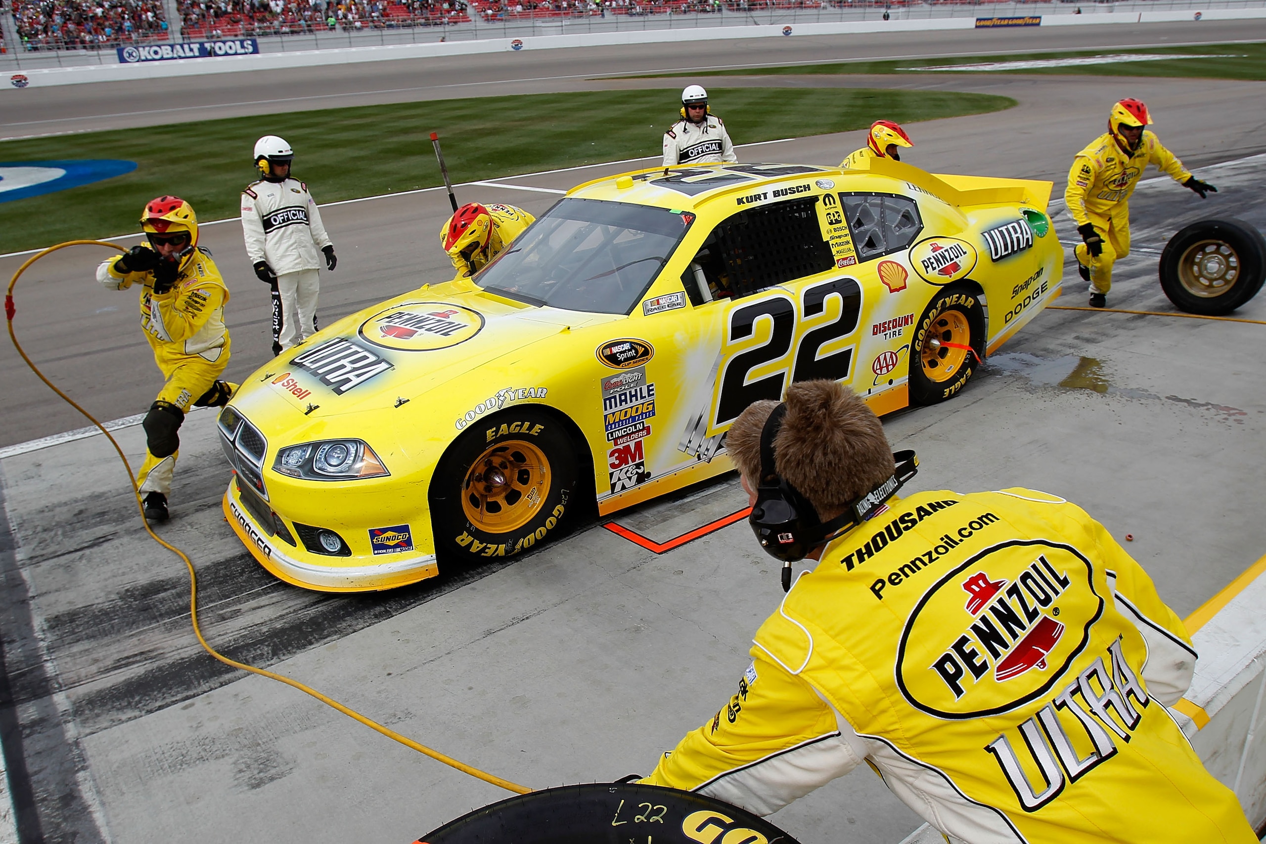 LAS VEGAS, NV - MARCH 06: Kurt Busch, driver of the #22 Shell/Pennzoil Ultra Dodge, comes in for a pit stop during the NASCAR Sprint Cup Series Kobalt Tools 400 at Las Vegas Motor Speedway on March 6, 2011 in Las Vegas, Nevada.  (Photo by Todd Warshaw/Get