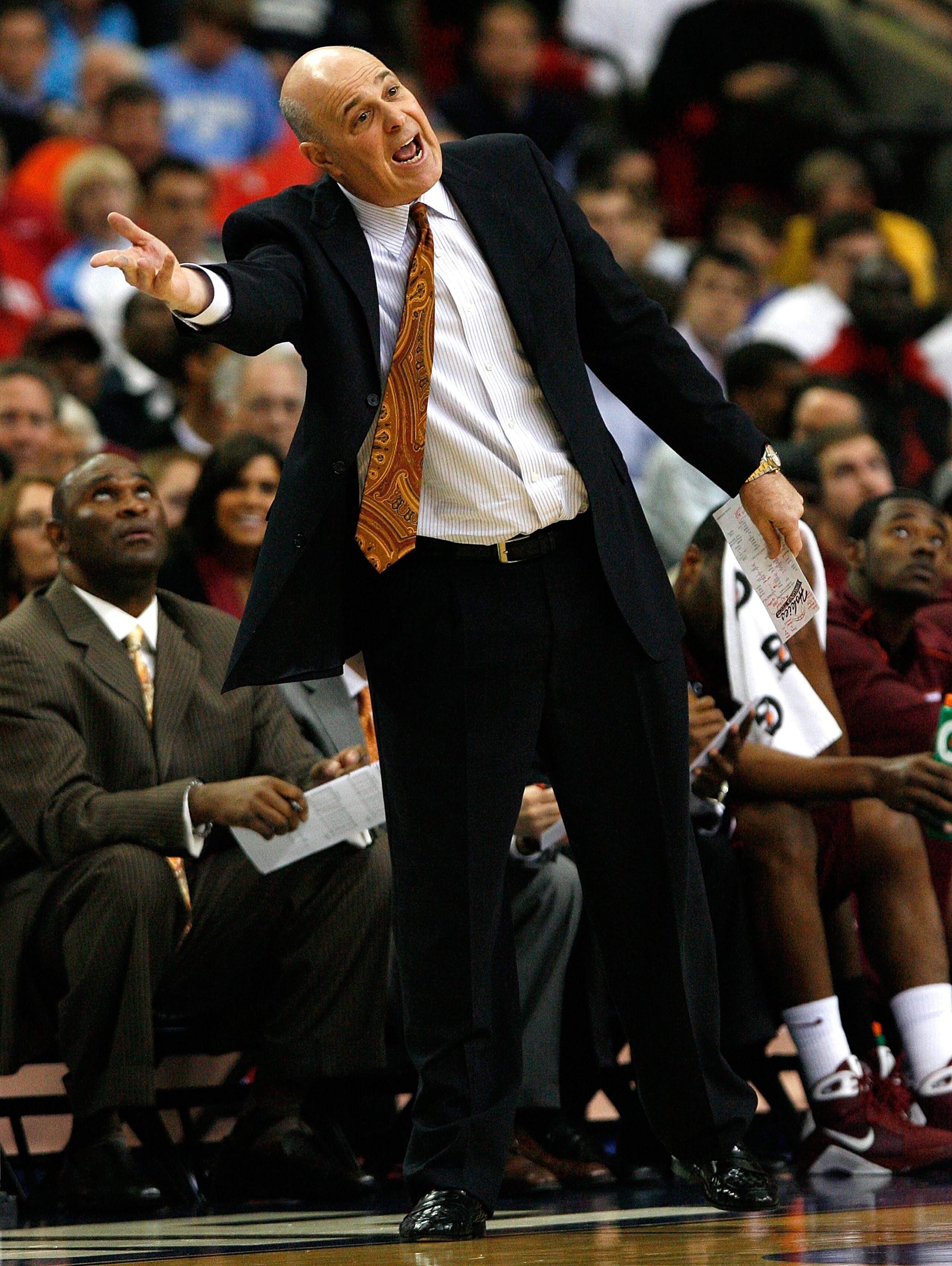ATLANTA - MARCH 13:  Head coach Seth Greenberg of the Virginia Tech Hokies questions a call with an official during tday two against the North Carolina Tar Heels in the 2009 ACC Men's Basketball Tournament on March 13, 2009 at the Georgia Dome in Atlanta,