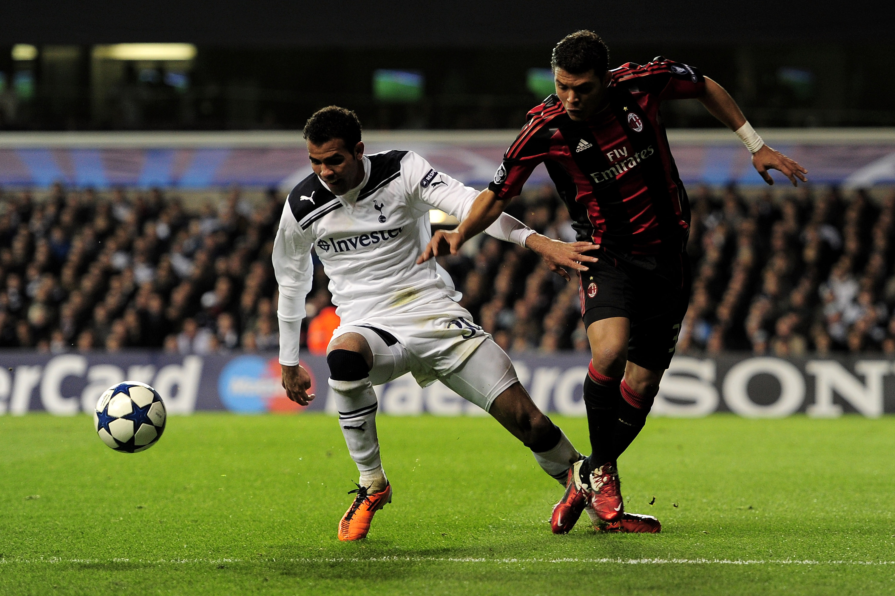 LONDON, ENGLAND - MARCH 09:  Sandro (L) of Tottenham vies with Thiago Silva of Milan during the UEFA Champions League round of 16 second leg match between Tottenham Hotspur and AC Milan at White Hart Lane on March 9, 2011 in London, England.  (Photo by Ja