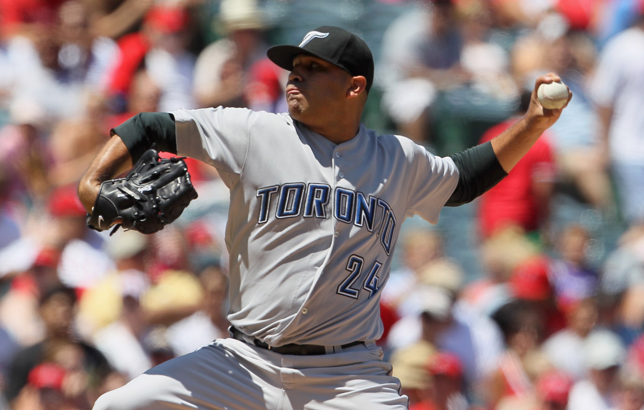 ANAHEIM, CA - AUGUST 15:  Ricky Romero #24 of the Toronto Blue Jays pitches against the Los Angeles Angels of Anaheim in the second inning at Angel Stadium on August 15, 2010 in Anaheim, California. The Blue Jays defeated the Angels 4-1.  (Photo by Jeff G