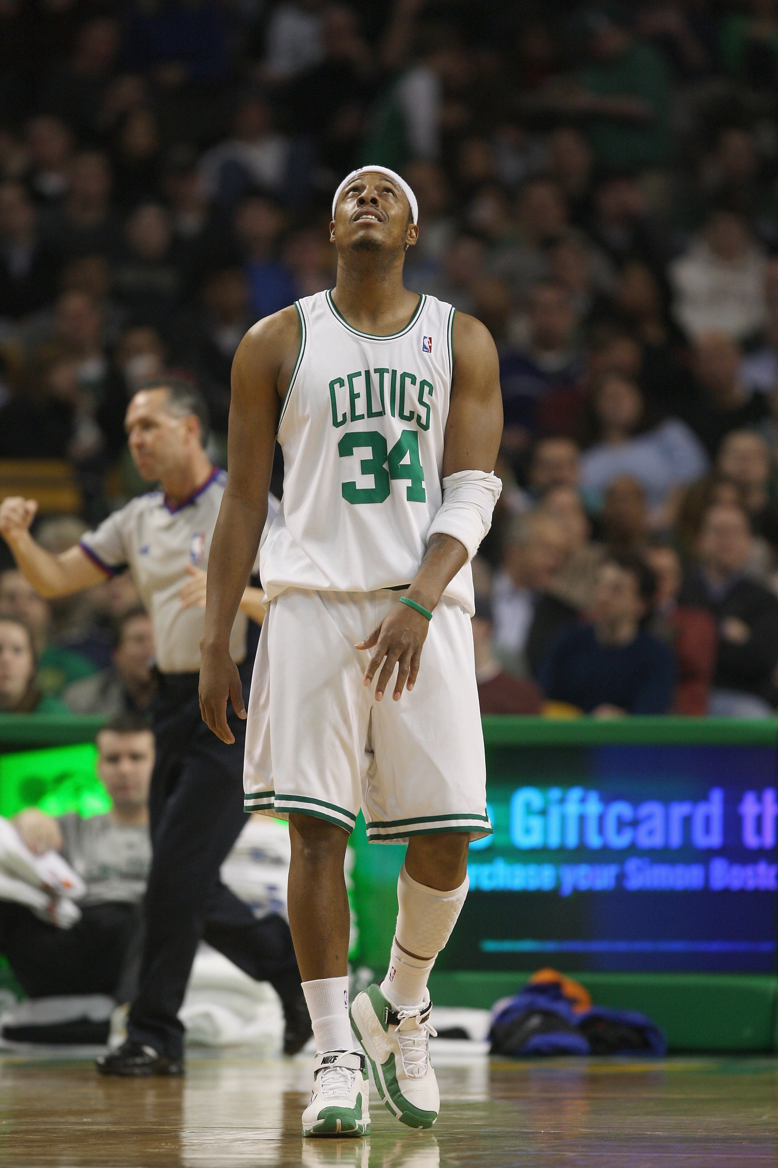 BOSTON - FEBRUARY 13:  Paul Pierce #34 of the Boston Celtics walks down the court during the game against the New York Knicks on February 13, 2008 at the TD Banknorth Garden in Boston, Massachusetts. The Boston Celtics defeated the New York Knicks 111-103