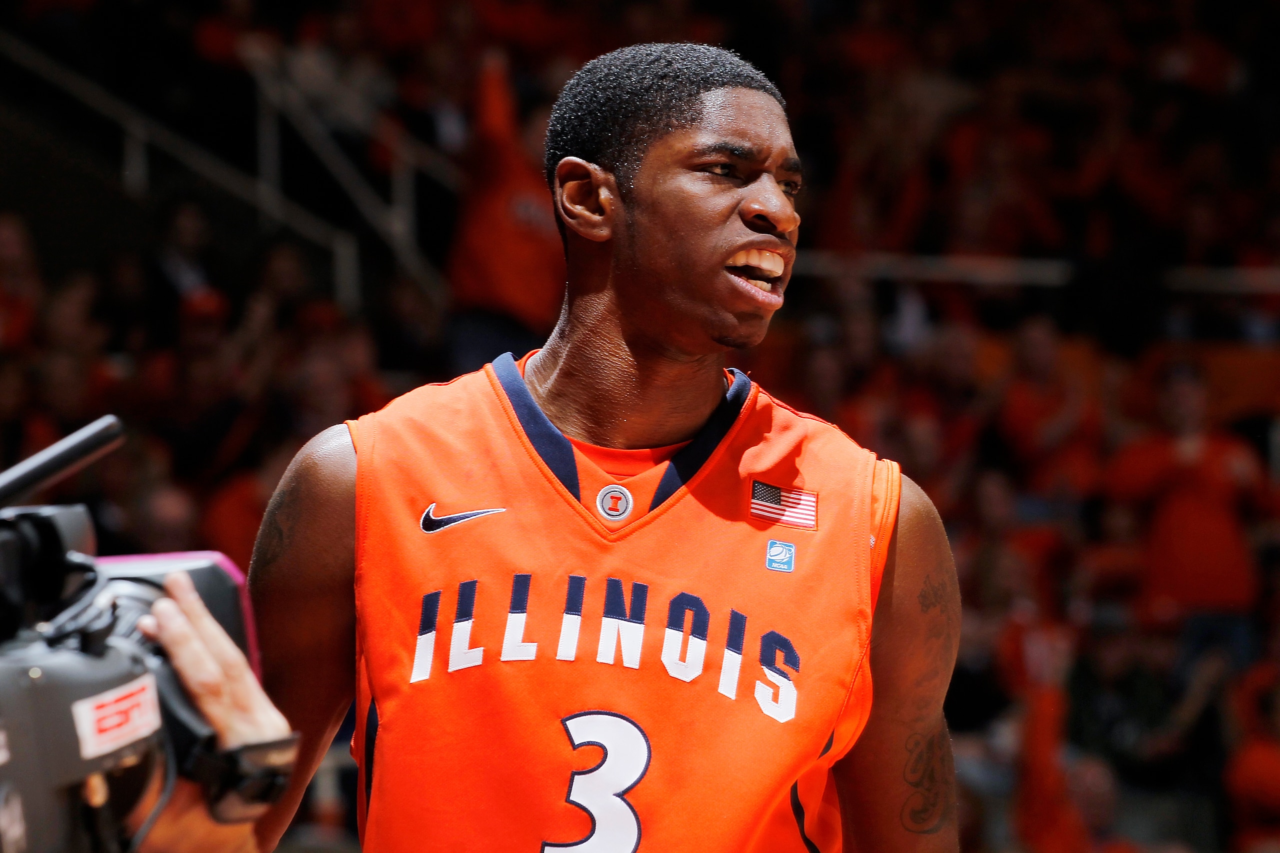 CHAMPAIGN, IL - JANUARY 18: Brandon Paul #3 of the Illinois Fighting Illini yells after making a shot and drawing a foul against the Michigan State Spartans at Assembly Hall on January 18, 2011 in Champaign, Illinois. Illinois defeated Michigan State 71-6