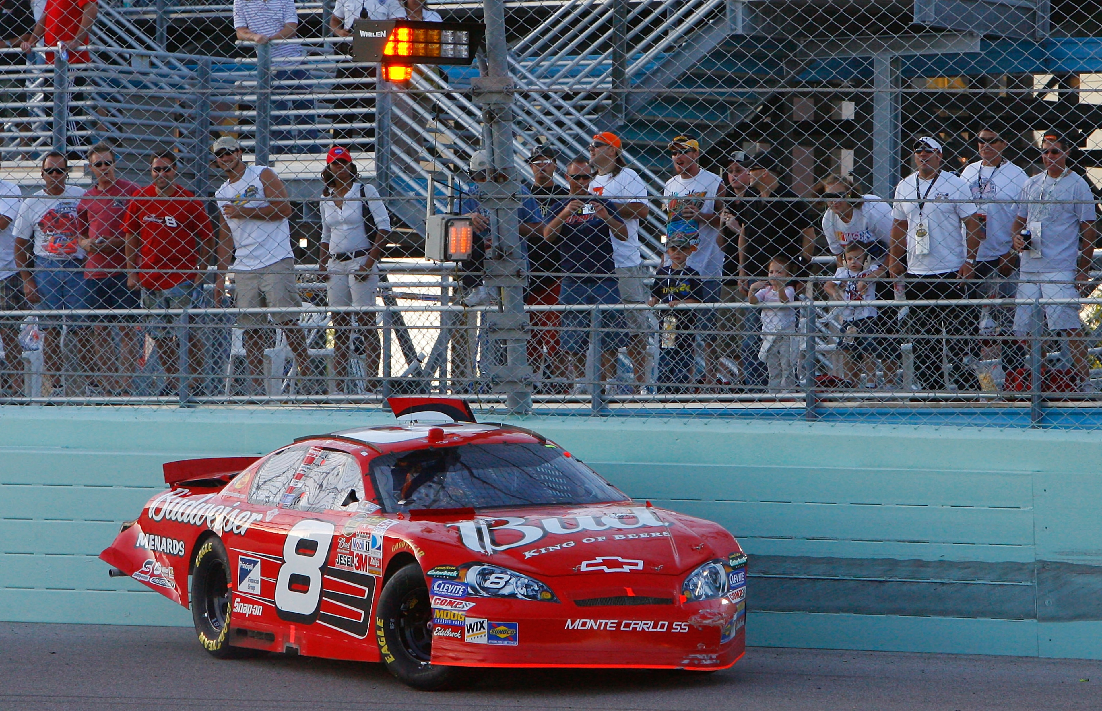 HOMESTEAD, FL - NOVEMBER 18: Dale Earnhardt Jr., driver of the #8 Budweiser Chevrolet, spins into the wall after crashing during the NASCAR Nextel Cup Series Ford 400 at Homestead-Miami Speedway on November 18, 2007 in Homestead, Florida. (Photo by Rust HOMESTEAD, FL - NOVEMBER 18: Dale Earnhardt Jr., driver of the #8 Budweiser Chevrolet, spins into the wall after crashing during the NASCAR Nextel Cup Series Ford 400 at Homestead-Miami Speedway on November 18, 2007 in Homestead, Florida. (Photo by Rust