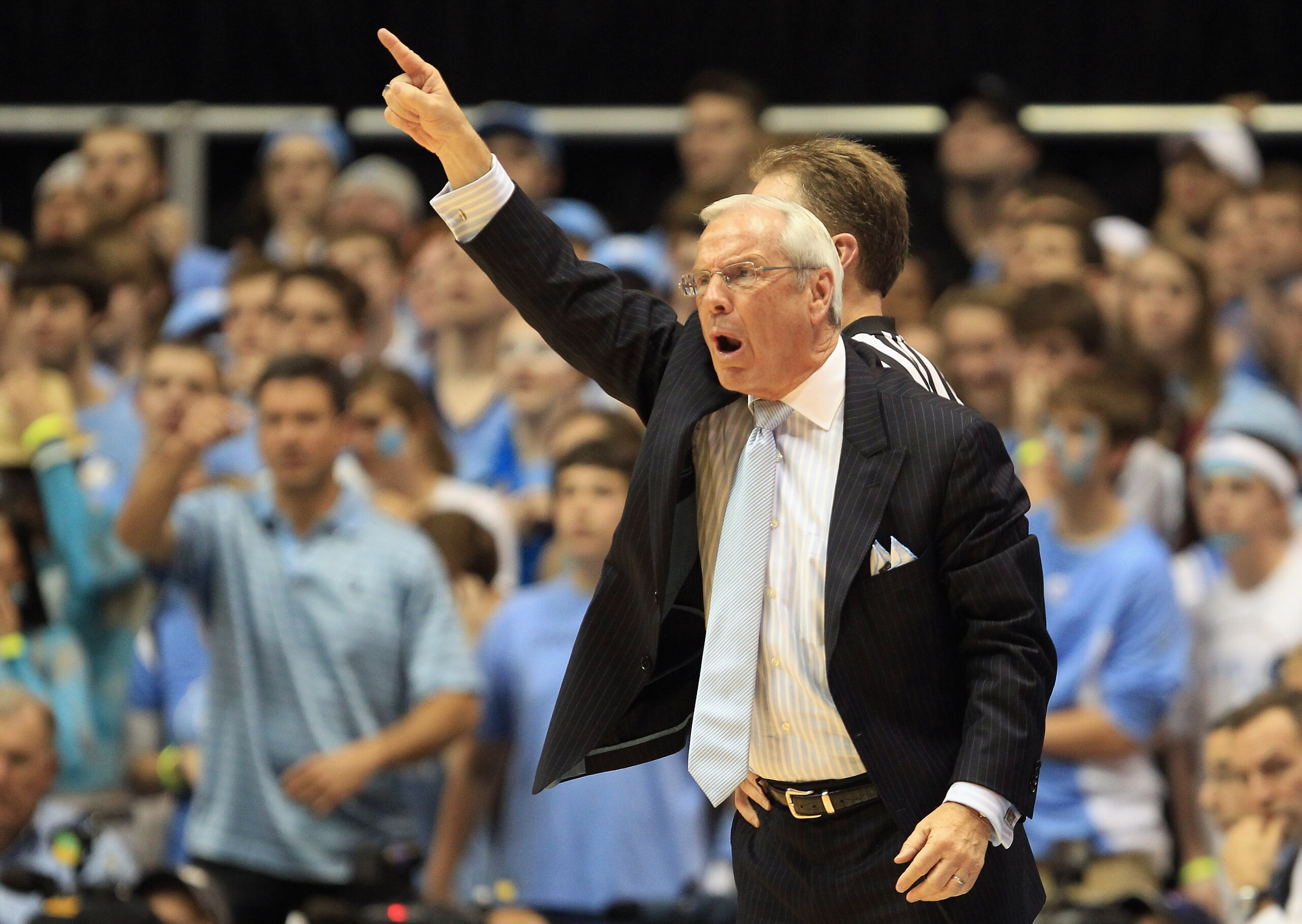 CHAPEL HILL, NC - MARCH 05:  Head coach Roy Williams of the North Carolina Tar Heels yells to his team during their game against the Duke Blue Devils at the Dean E. Smith Center on March 5, 2011 in Chapel Hill, North Carolina.  (Photo by Streeter Lecka/Ge