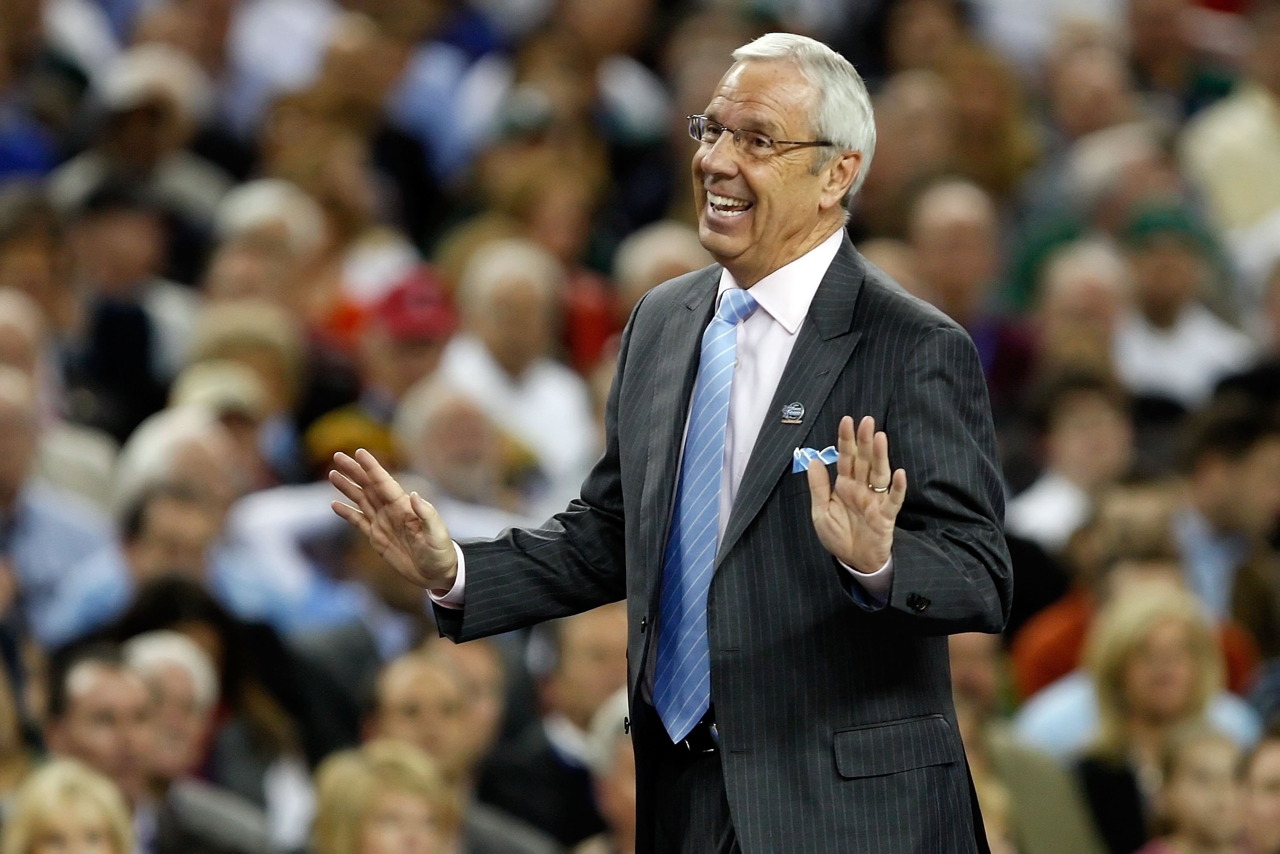 DETROIT - APRIL 06:  Head coach Roy Williams of the North Carolina Tar Heels looks on against the Michigan State Spartans during the 2009 NCAA Division I Men's Basketball National Championship game at Ford Field on April 6, 2009 in Detroit, Michigan.  (Ph