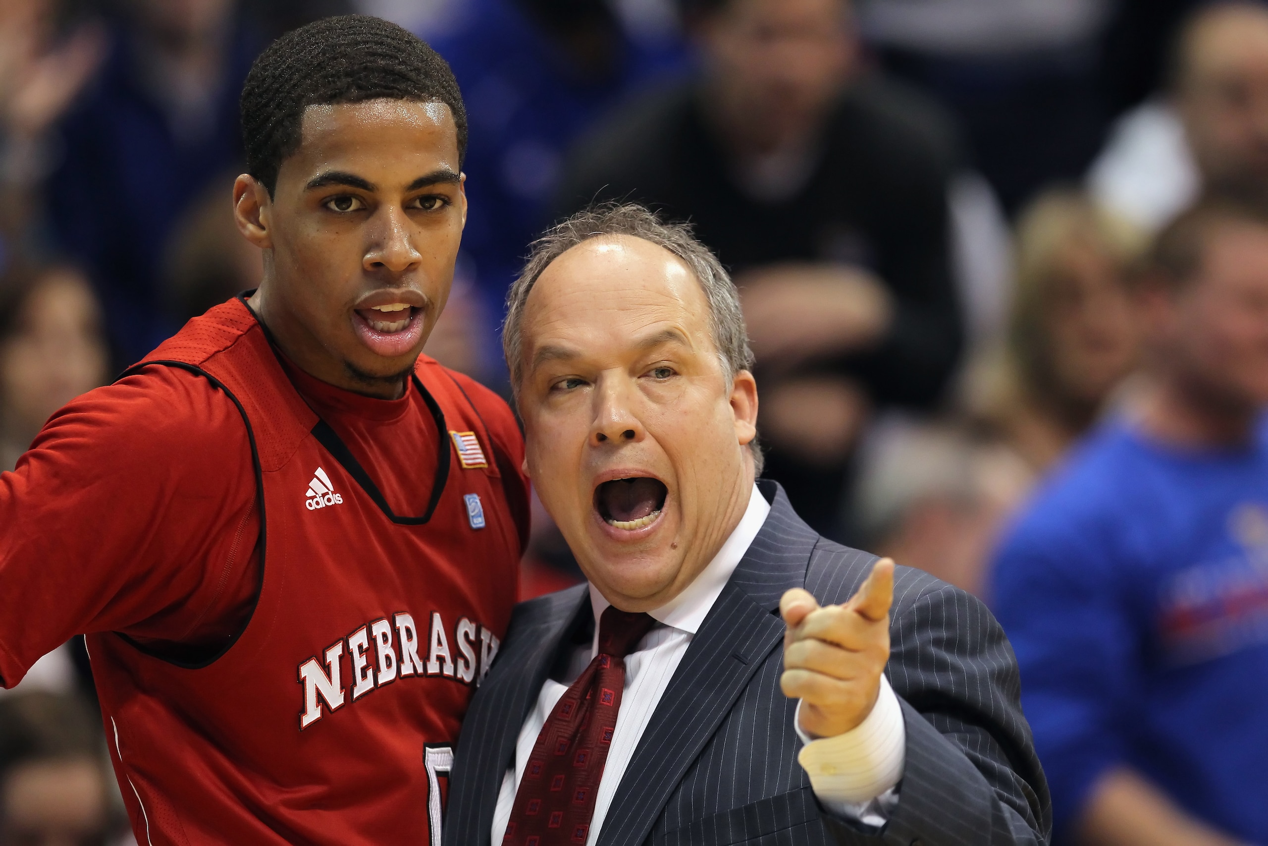 LAWRENCE, KS - JANUARY 15:  Head coach Doc Sadler of the Nebraska Cornhuskers instructs Toney McCray #0 during the game against the Kansas Jayhawks on January 15, 2011 at Allen Fieldhouse in Lawrence, Kansas.  (Photo by Jamie Squire/Getty Images)