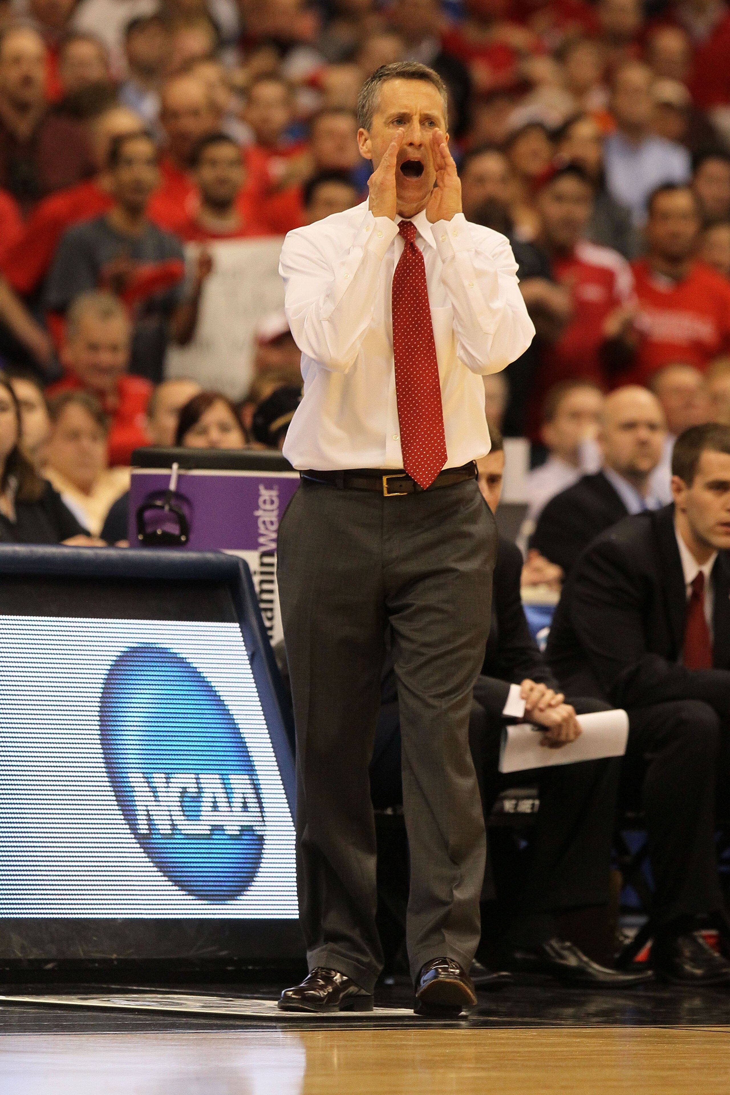 SYRACUSE, NY - MARCH 25:  Head coach Steve Donahue of the Cornell Big Red reacts as he coaches against the Kentucky Wildcats during the east regional semifinal of the 2010 NCAA men's basketball tournament at the Carrier Dome on March 25, 2010 in Syracuse,