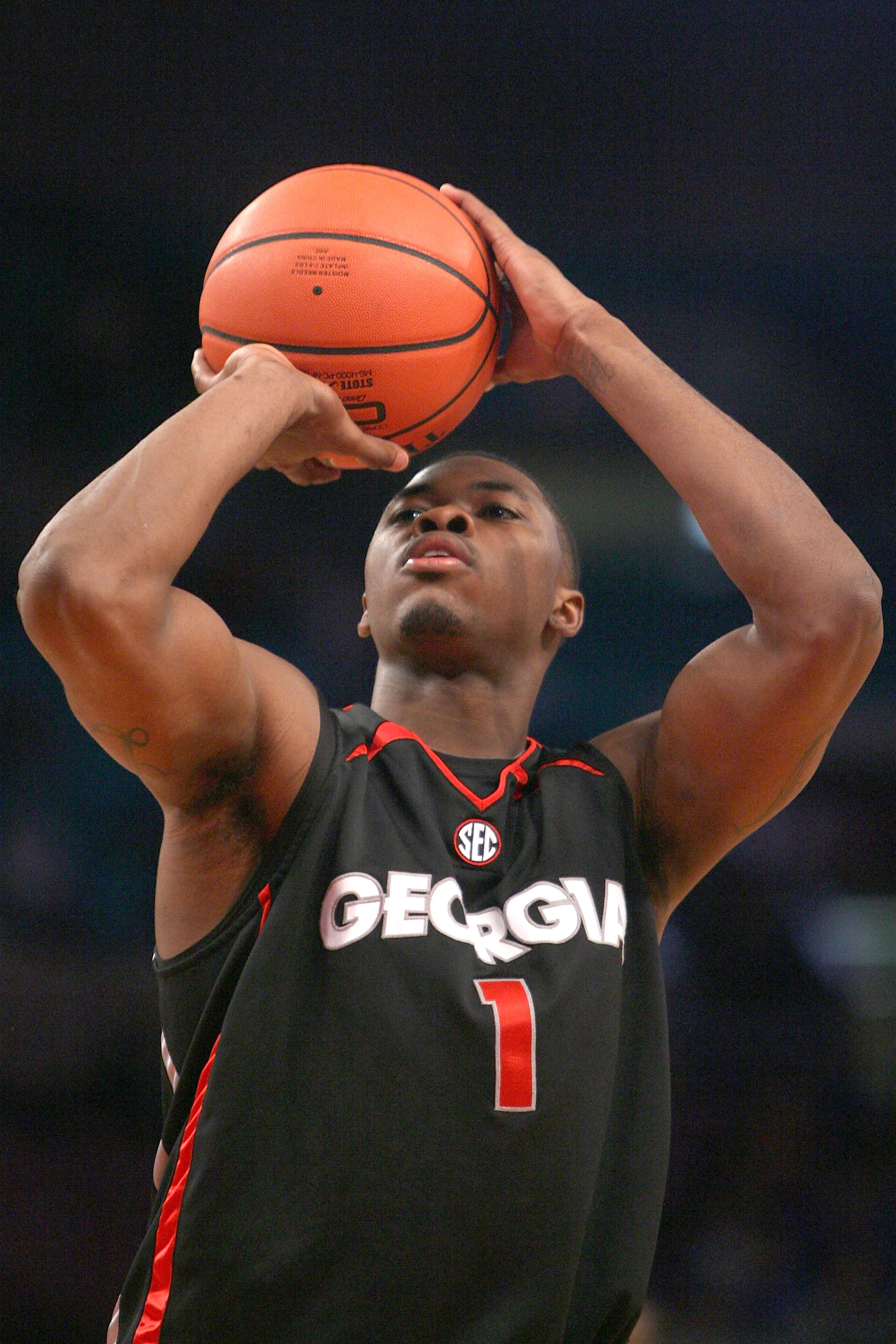 NEW YORK - DECEMBER 09:  Travis Leslie #1 of the Georgia Bulldogs shoots a free throw against the St. John's Red Storm during the SEC Big East Invitational at Madison Square Garden on December 9, 2009 in New York, New York. The Red Storm defeated the Bull