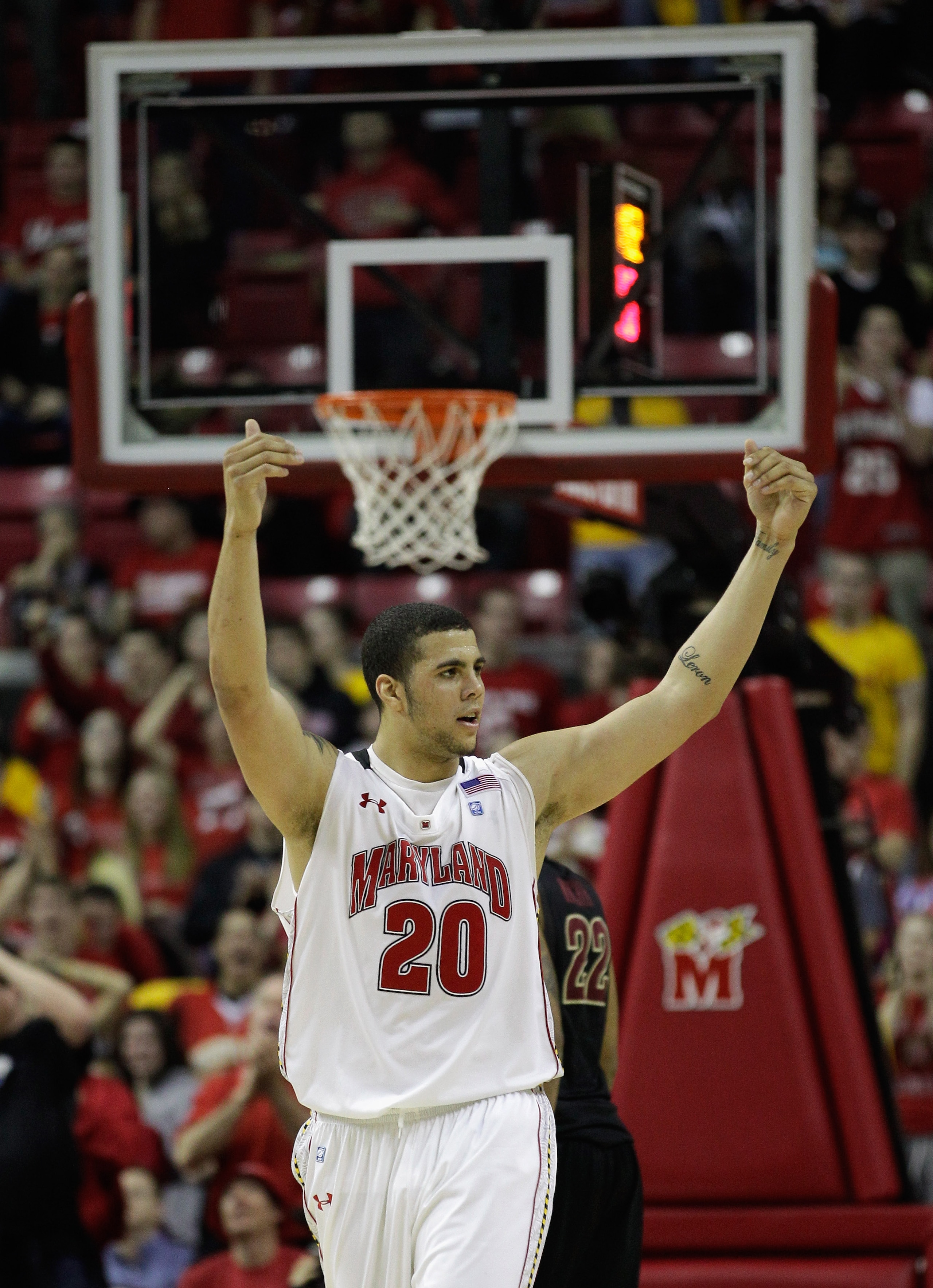 COLLEGE PARK, MD - FEBRUARY 23: Jordan Williams #20 of the Maryland Terrapins celebrates against the Florida State Seminoles at the Comast Center on February 23, 2011 in College Park, Maryland.  (Photo by Rob Carr/Getty Images)