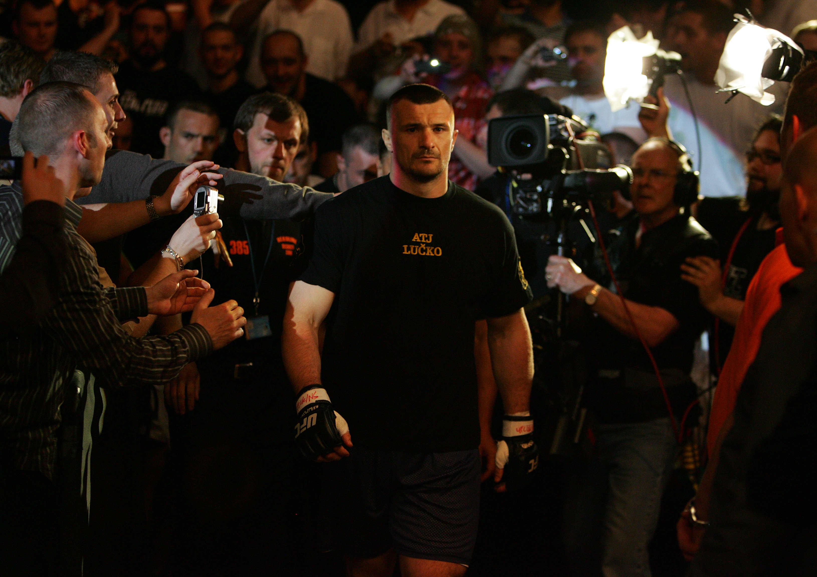MANCHESTER, UNITED KINGDOM - APRIL 21: A pensive Mirko Cro Cop of Croatia walks to the octagon before fighting Gabriel Gonzaga of USA in a Heavyweight bout of the Ultimate Fighting Championship at the Manchester Evening News Arena on April 21, 2007 in Man