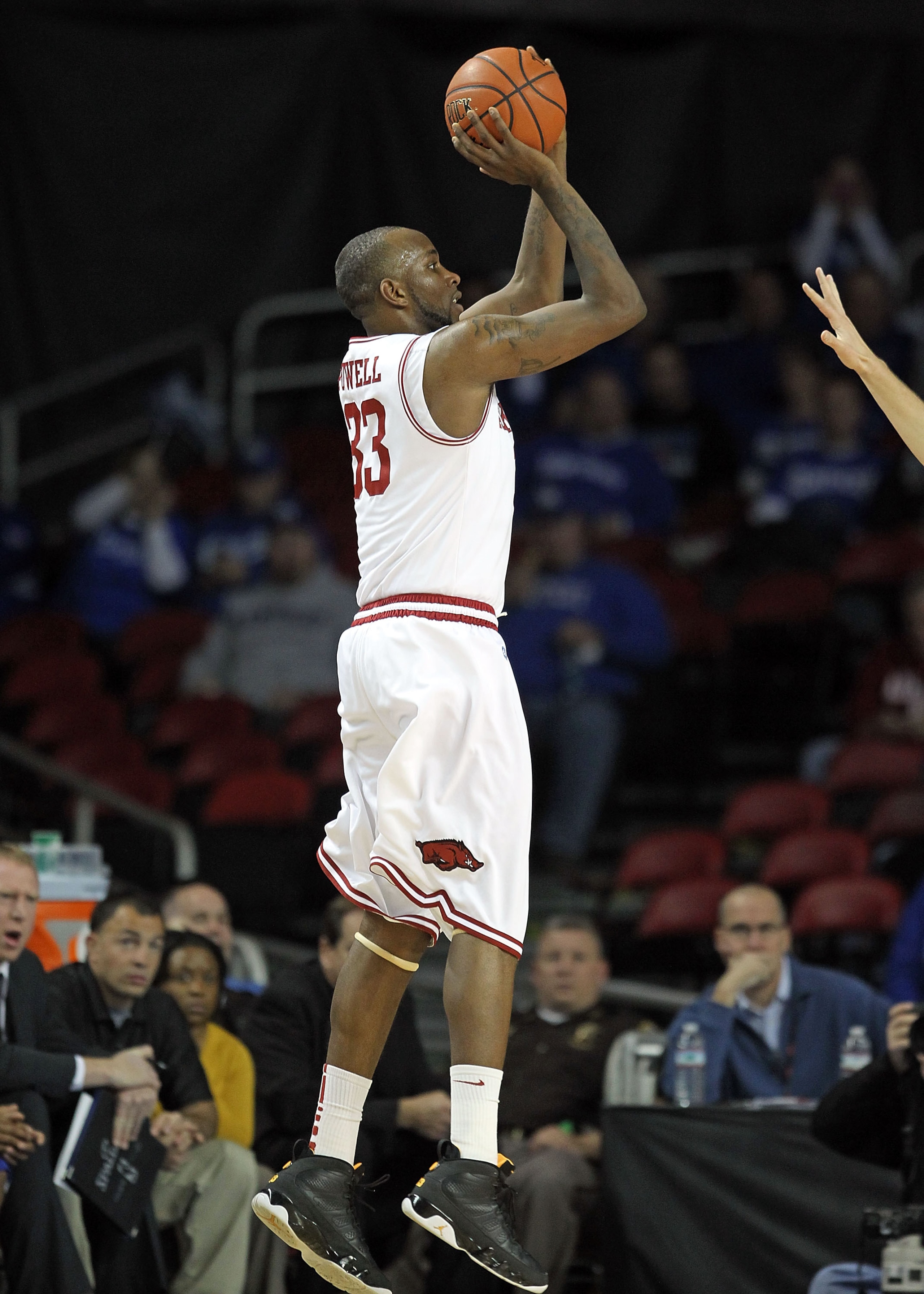 LOUISVILLE, KY - DECEMBER 08:  Marshawn Powell #33 of the Arkansas Razorbacks shoots the ball during the game against the Seton Hall Pirates in the 2010 DIRECTV SEC/BIG EAST Invitational at Freedom Hall on December 8, 2010 in Louisville, Kentucky.  (Photo