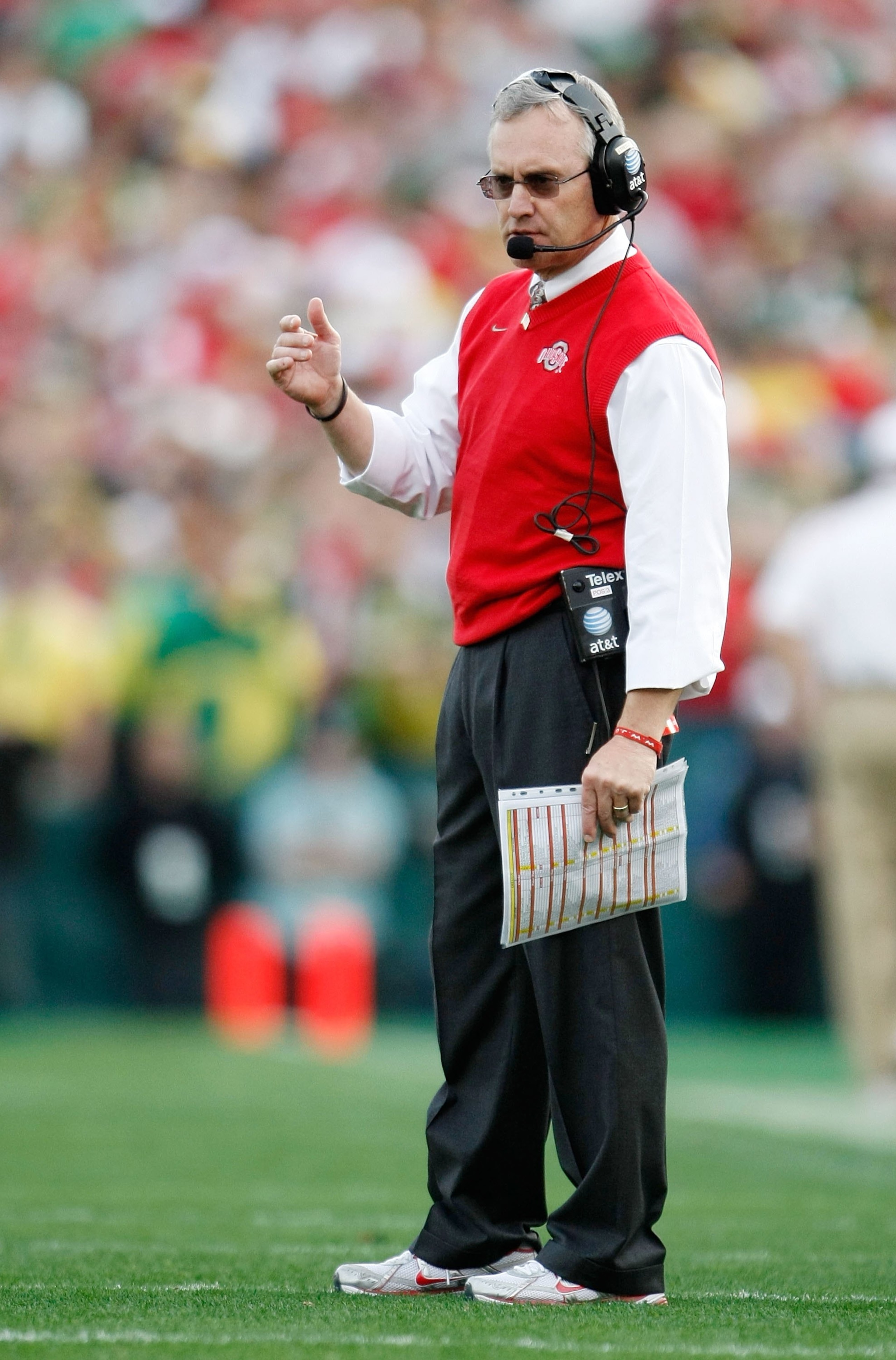 PASADENA, CA - JANUARY 01:  Head coach Jim Tressel of the Ohio State Buckeyes is seen during the 96th Rose Bowl game against the Oregon Ducks on January 1, 2010 in Pasadena, California.  (Photo by Jeff Gross/Getty Images)