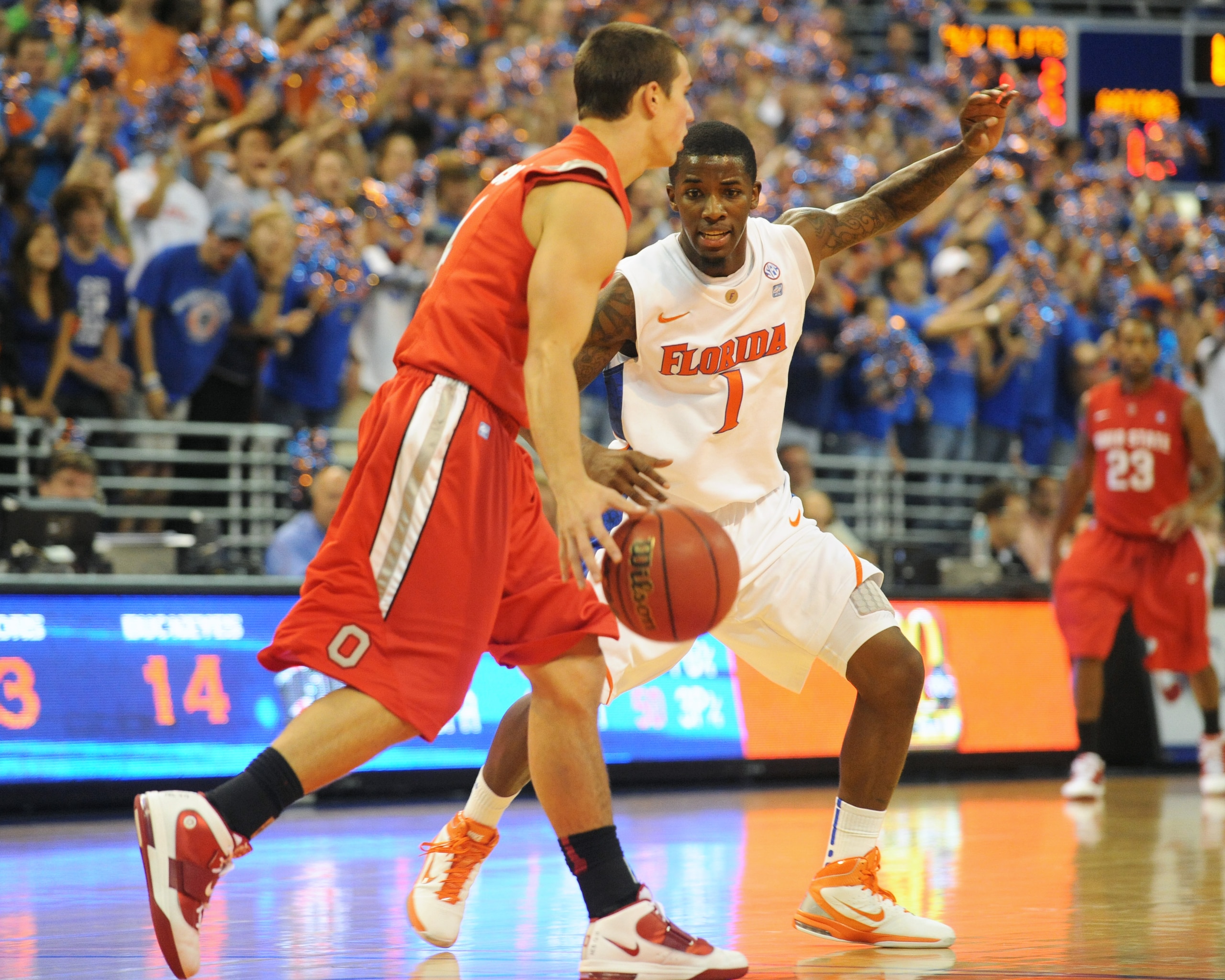 GAINESVILLE, FL - NOVEMBER 16: Guard Kenny Boynton #1 of the Florida Gators sets on defense against the Ohio State Buckeyes November 16, 2010 at the Stephen C. O'Connell Center in Gainesville, Florida.  (Photo by Al Messerschmidt/Getty Images)