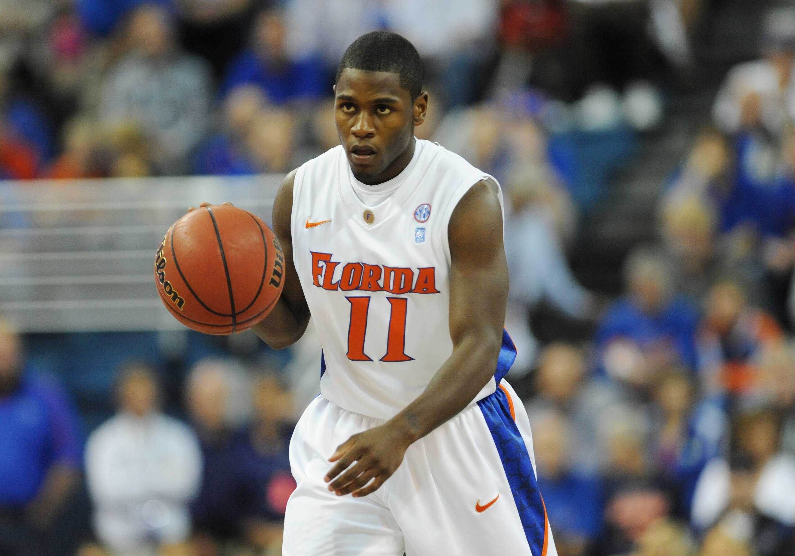 GAINESVILLE, FL - NOVEMBER 16: Guard Erving Walker #11 of the Florida Gators plays against the Ohio State Buckeyes November 16, 2010 at the Stephen C. O'Connell Center in Gainesville, Florida.  (Photo by Al Messerschmidt/Getty Images)