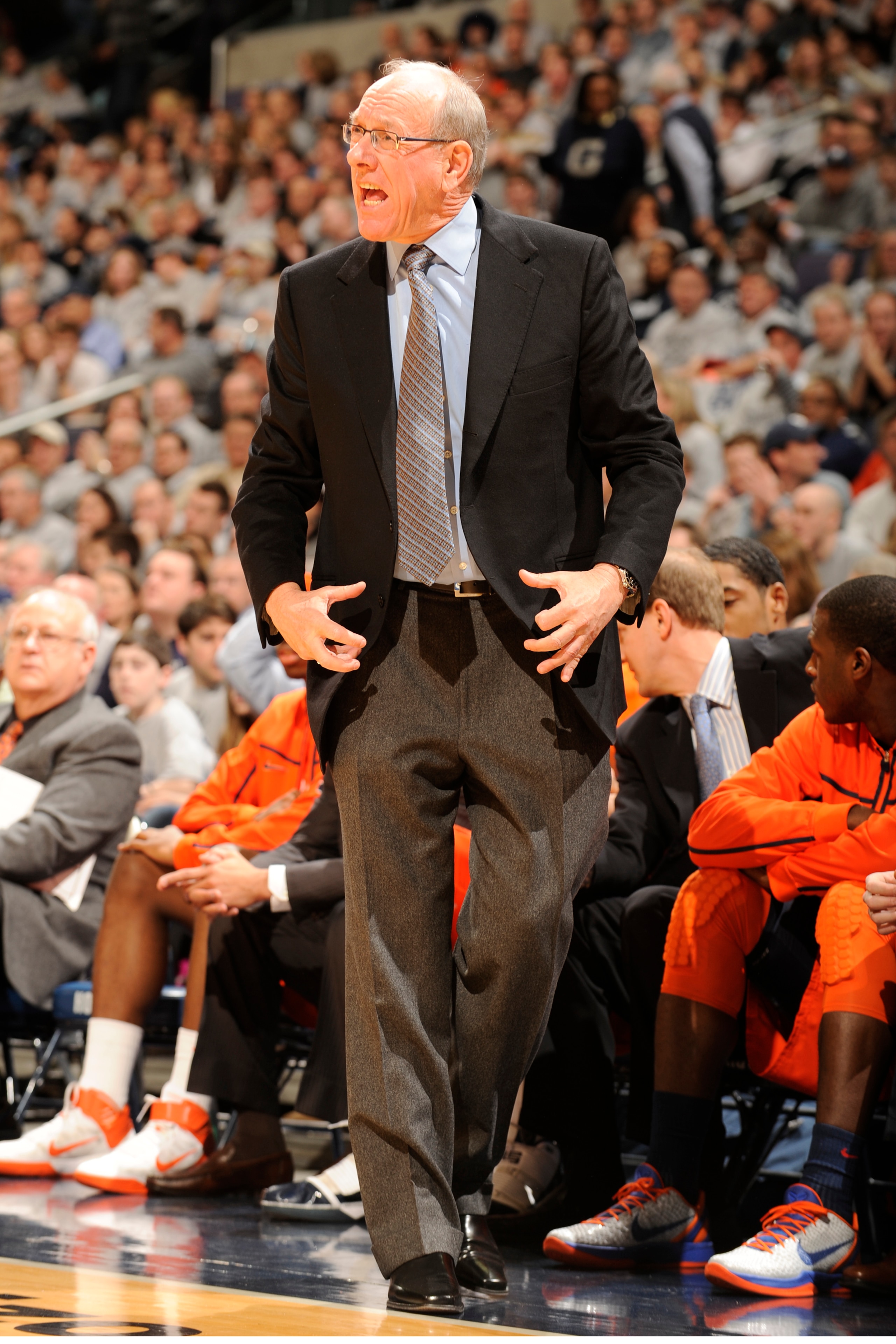 WASHINGTON, DC - FEBRUARY 26: Head coach Jim Boeheim of the Syracuse Orange reacts to call during a college basketball game against the Georgetown Hoyas on February 26, 2011 at the Verizon Center in Washington, DC The Orange 58-51. (Photo by Mitchell L WASHINGTON, DC - FEBRUARY 26: Head coach Jim Boeheim of the Syracuse Orange reacts to call during a college basketball game against the Georgetown Hoyas on February 26, 2011 at the Verizon Center in Washington, DC The Orange 58-51. (Photo by Mitchell L