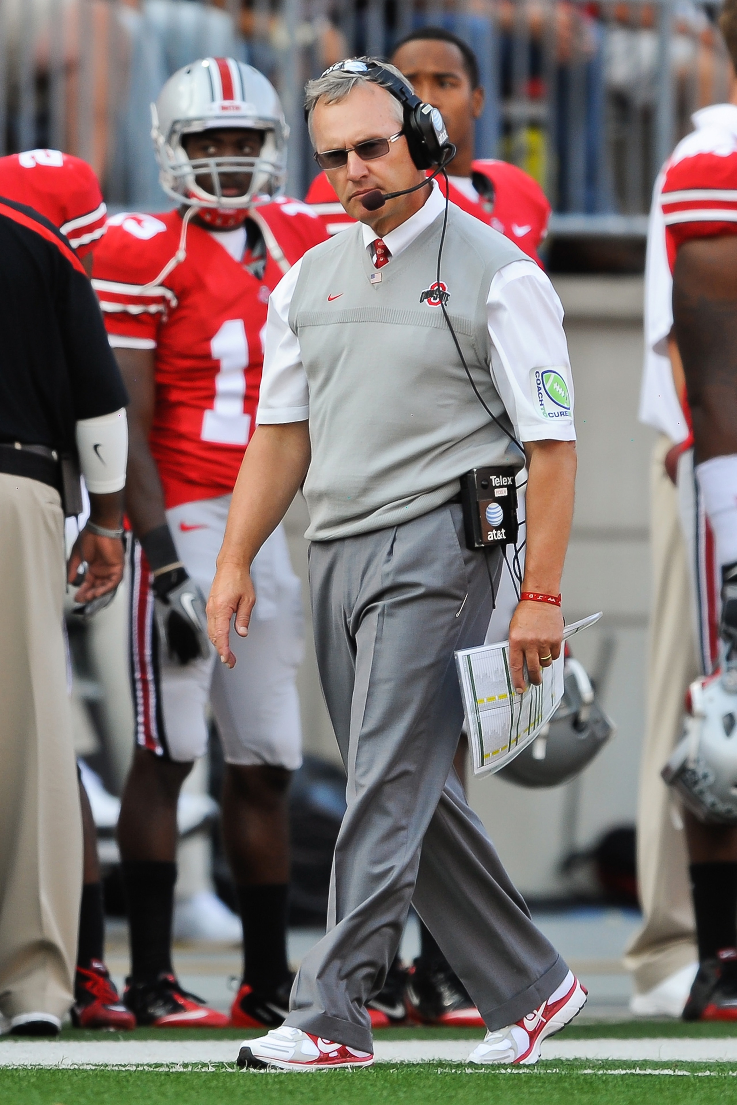 COLUMBUS, OH - SEPTEMBER 25:  Head Coach Jim Tressel of the Ohio State Buckeyes watches his team play the Eastern Michigan Eagles at Ohio Stadium on September 25, 2010 in Columbus, Ohio.  Ohio State won 73-20. (Photo by Jamie Sabau/Getty Images)
